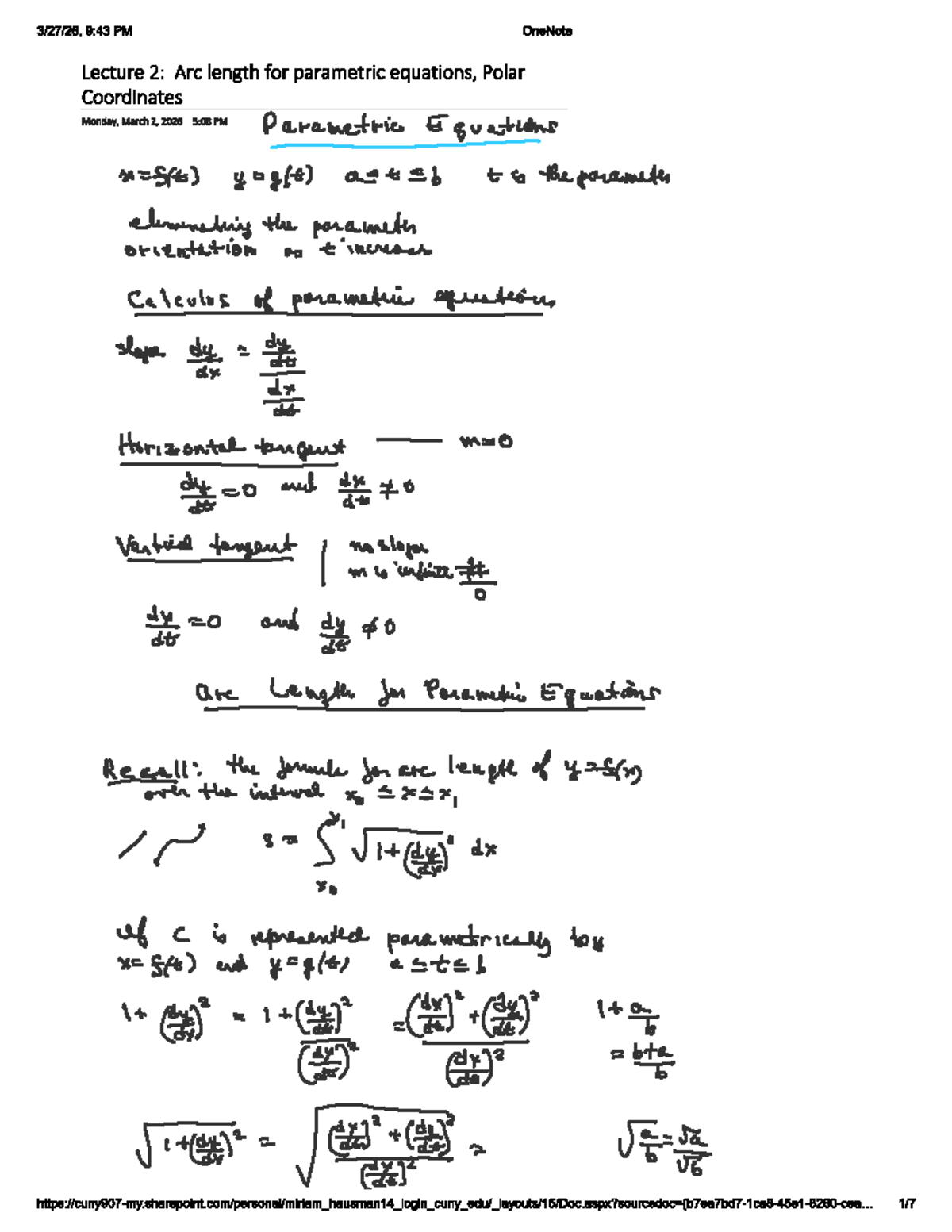 Calculus 101: Lecture 2 - Arc Length & Parametric Equations - Studocu
