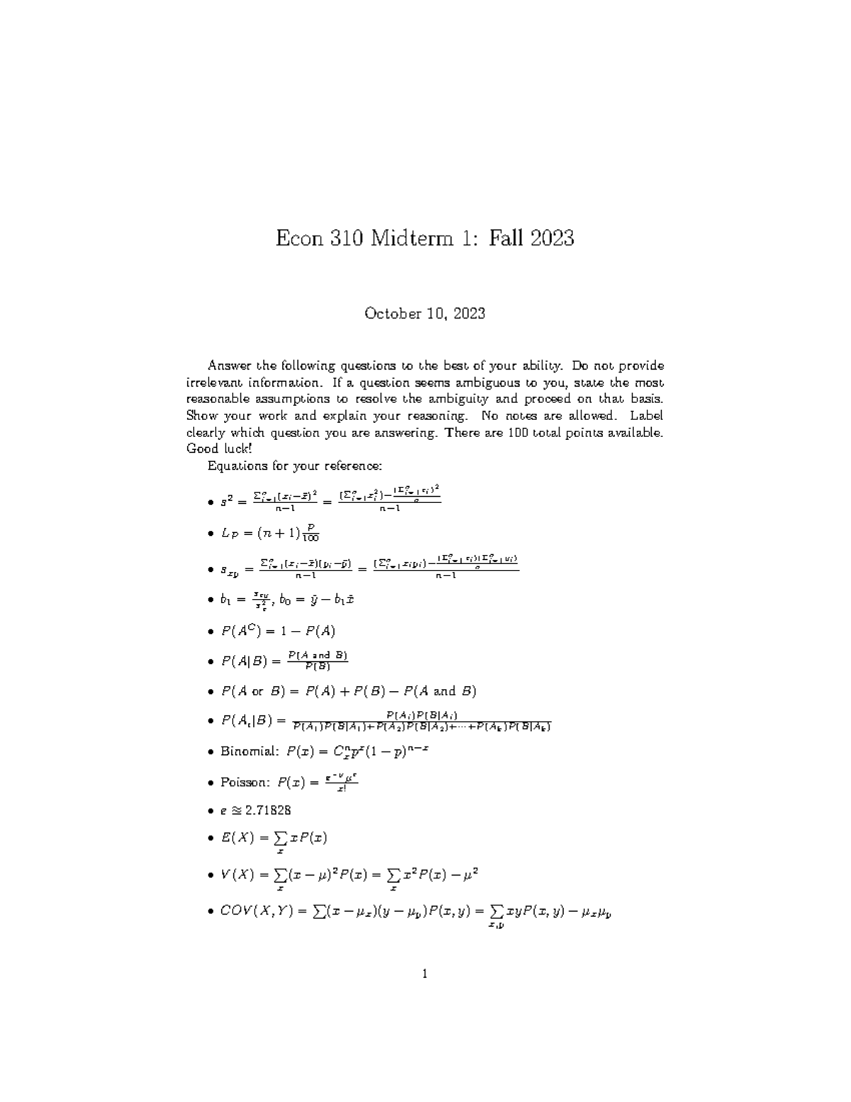 Econ 310 Midterm Exam 1 Review Guide - Fall 2023 - Studocu