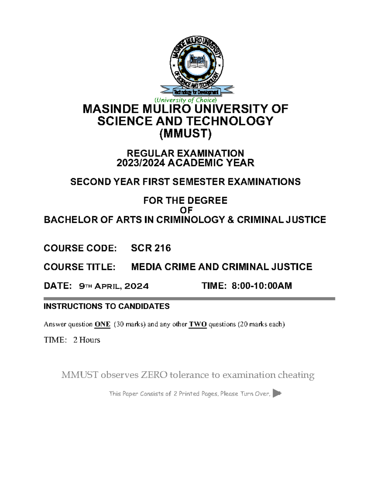 SCR 216 Media Crime & Criminal Justice Exam Paper - Studocu