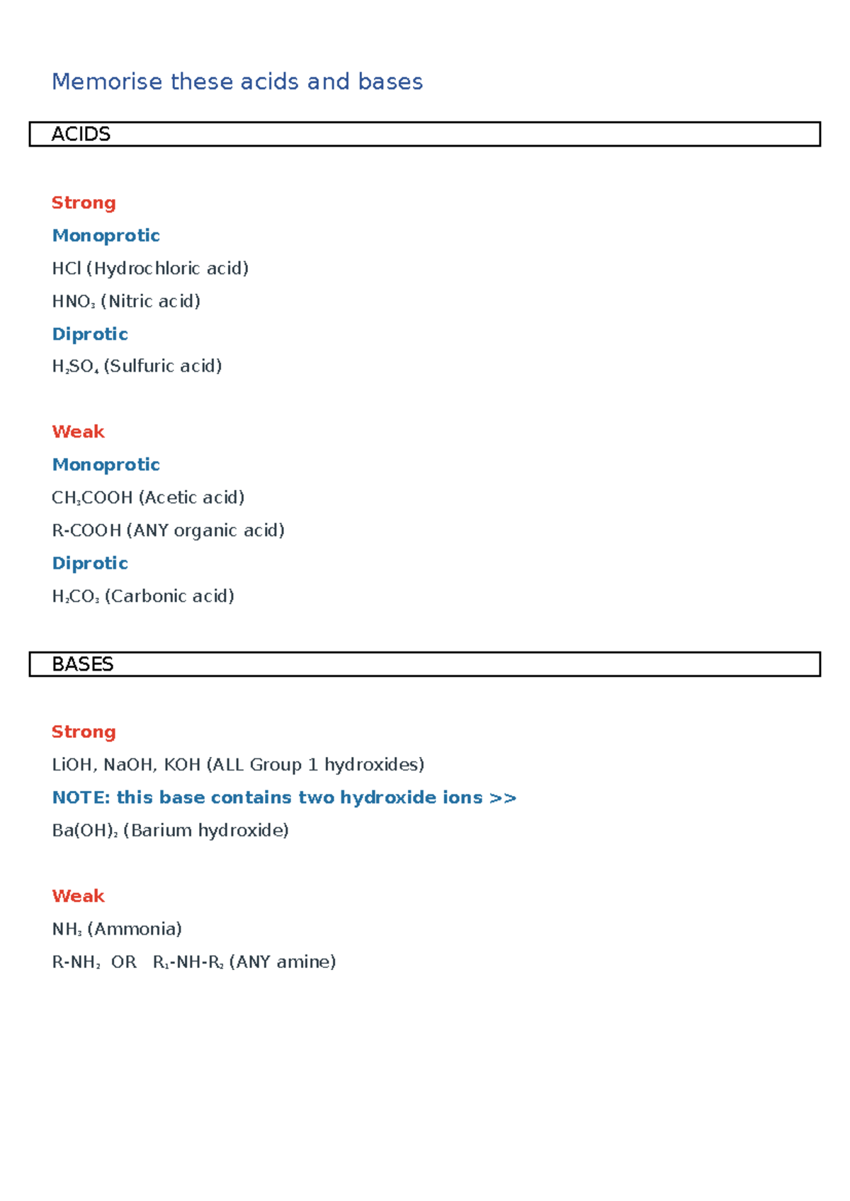 Acids and bases to memorise palmcards - Memorise these acids and bases ...