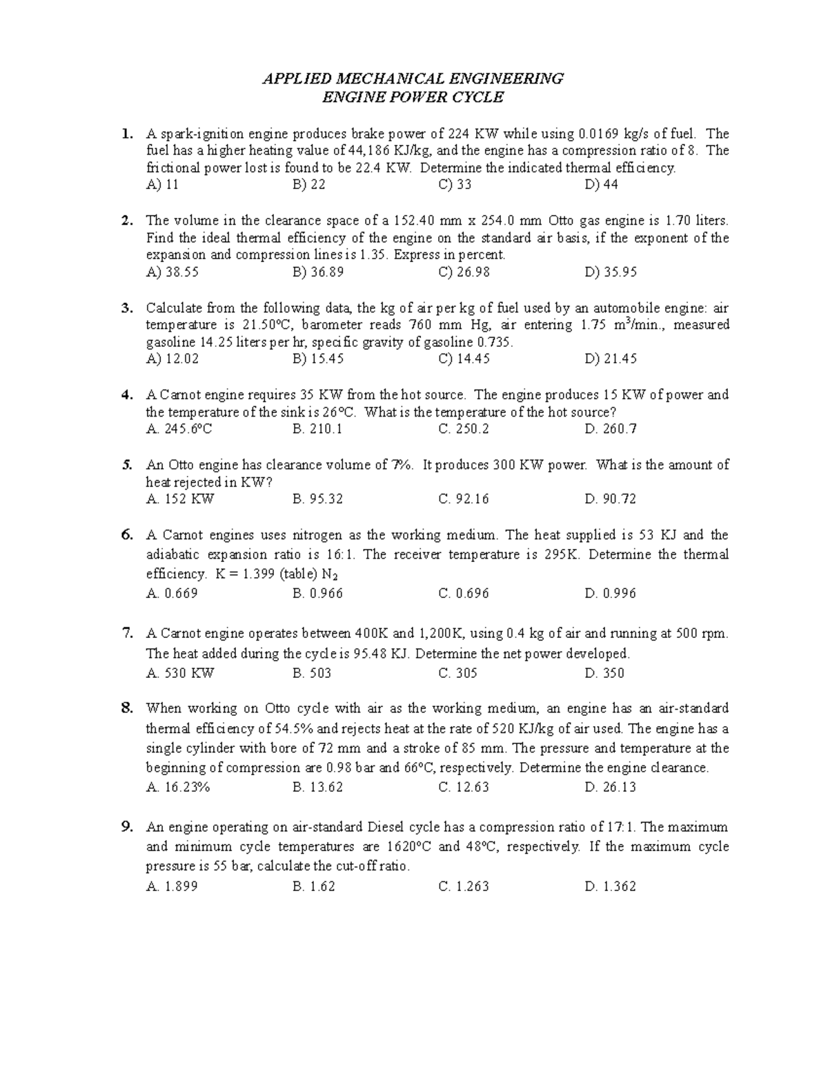 Engine Power Cycle Analysis - Applied Mechanical Engineering (AME 101 ...