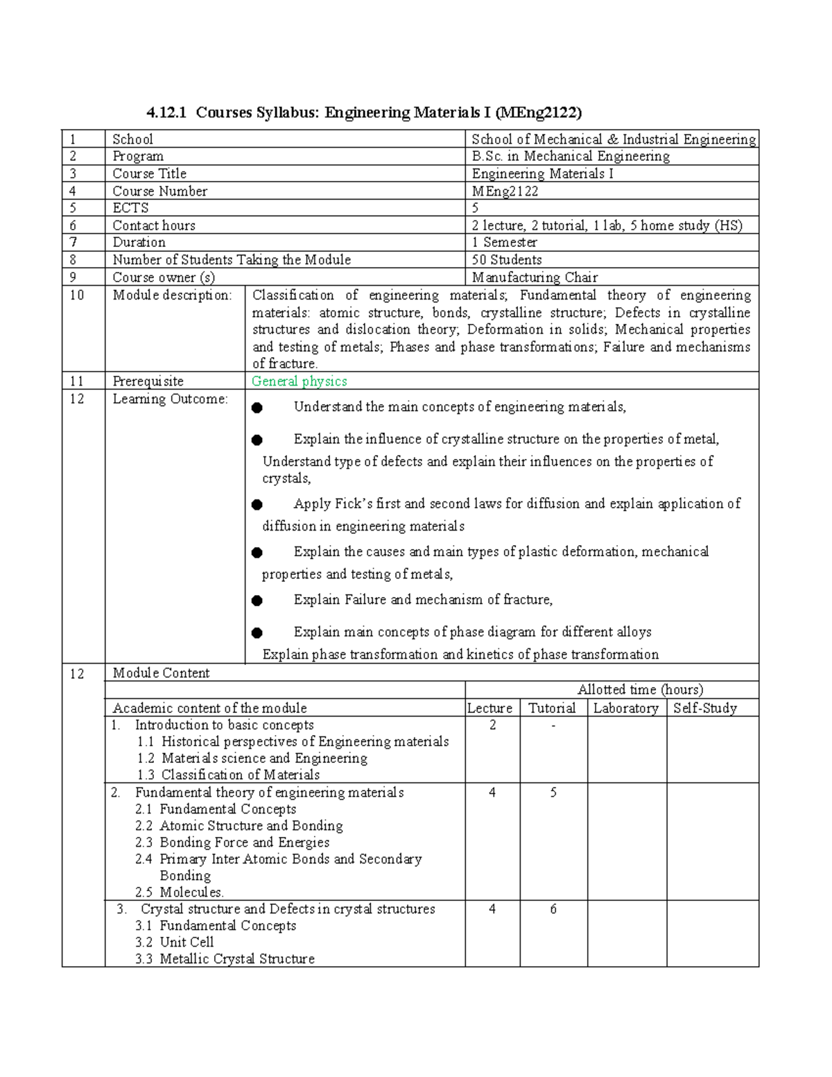 Engineering Materials I - 4.12 Courses Syllabus: Engineering Materials ...