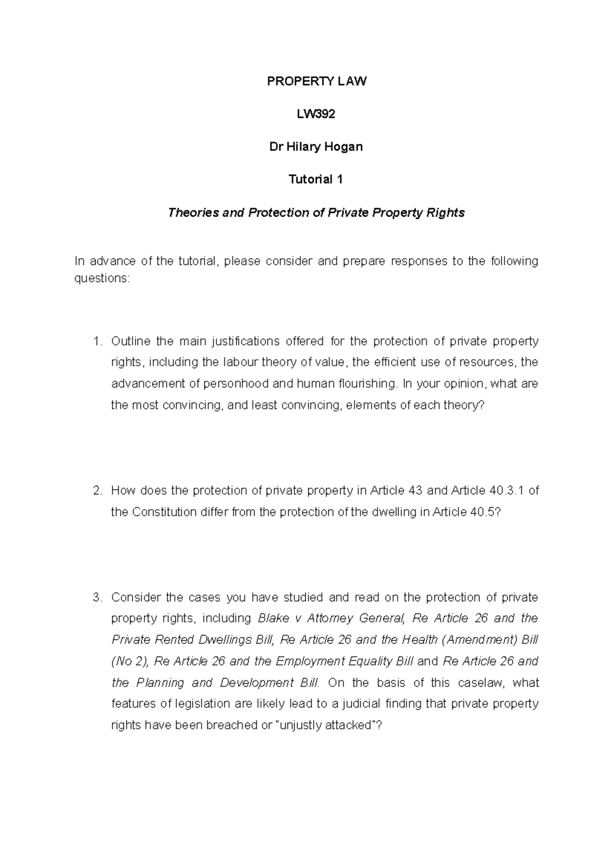 PROPERTY LAW LW392 Tutorial 1: Theories & Protection of Property Rights ...