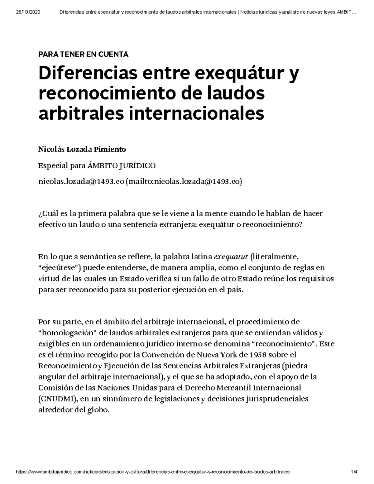 Diferencias entre Exequátur y Reconocimiento de Laudos Arbitrales - Studocu