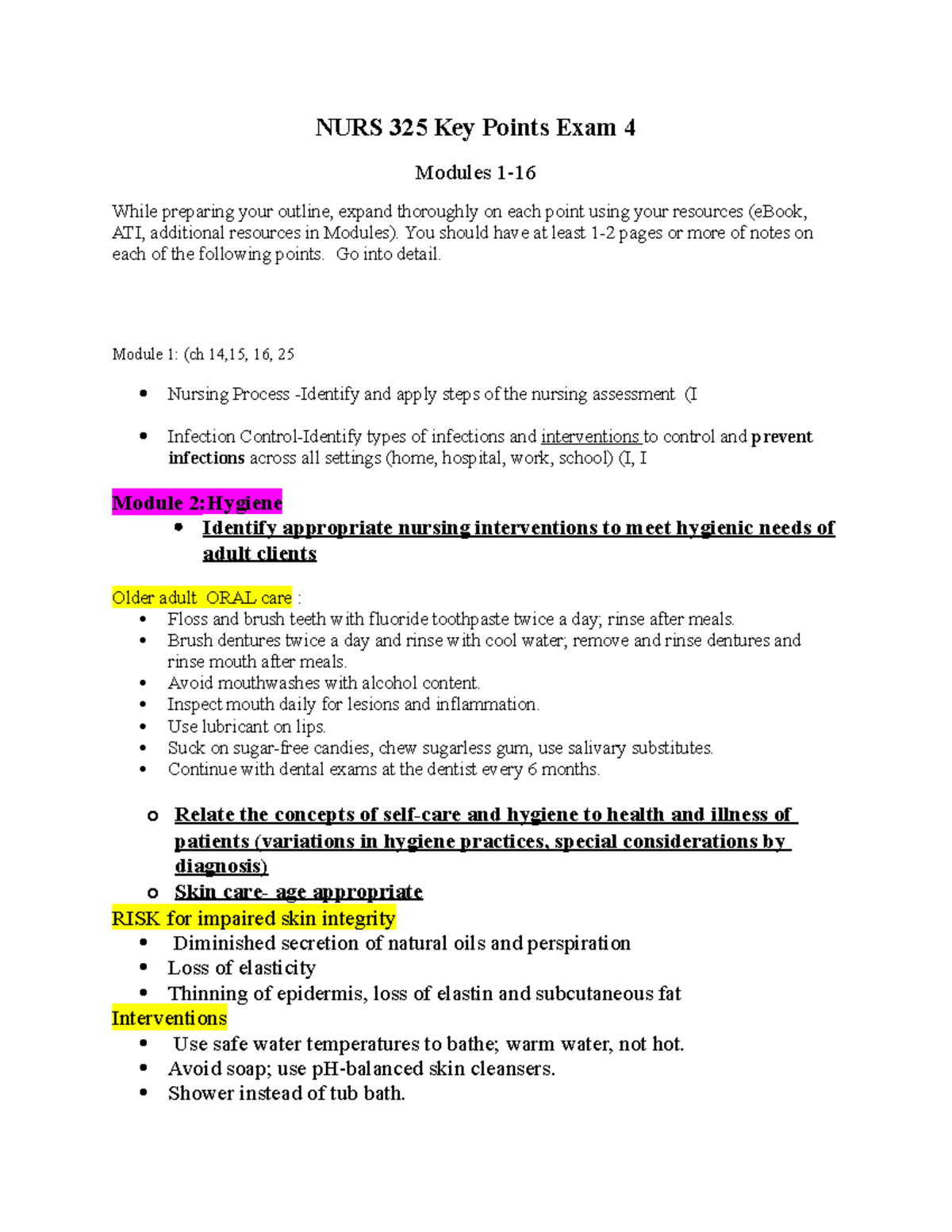 NURS 325 Key Points for Final Exam 4: Comprehensive Study Guide - Studocu