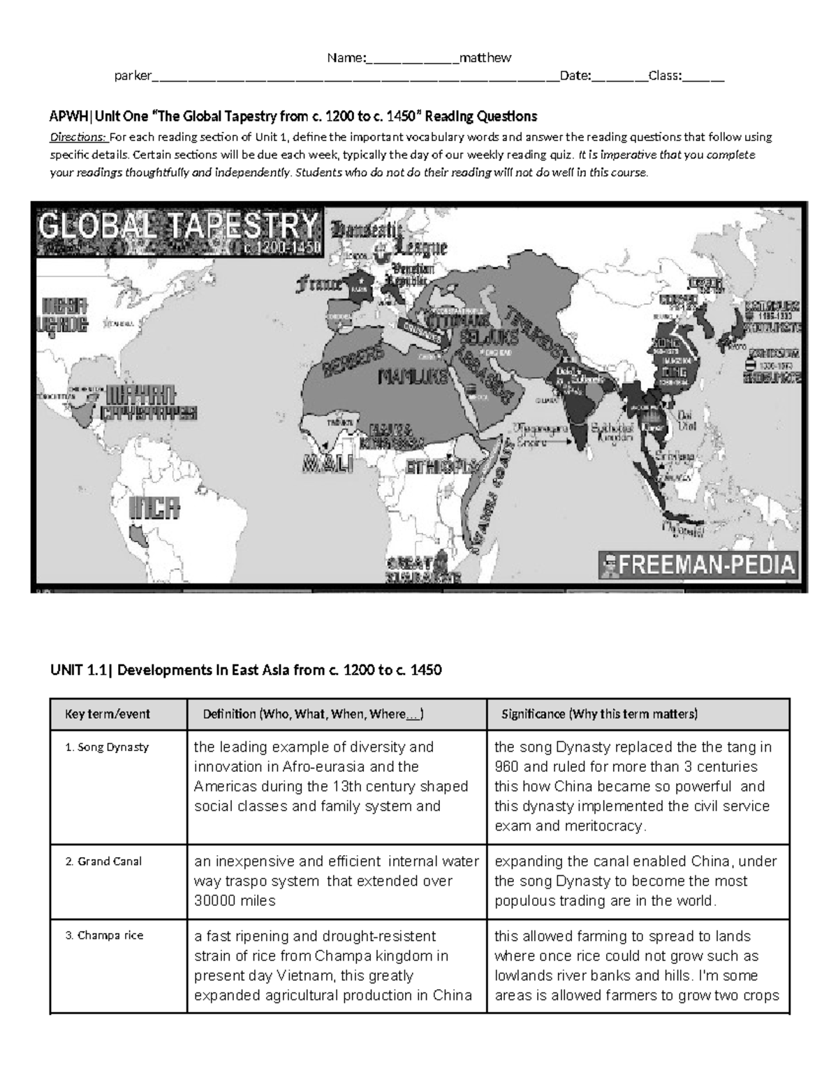 APWH Unit 1 Reading Guide: “The Global Tapestry from c. 1200-1450 ...