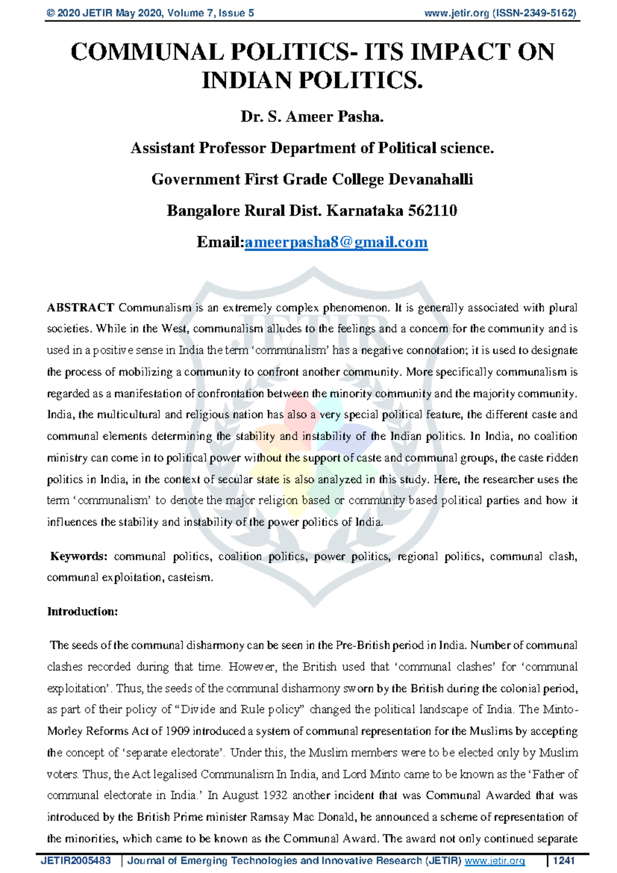 Communalism in Indian Politics: Trends and Impacts on Governance - Studocu