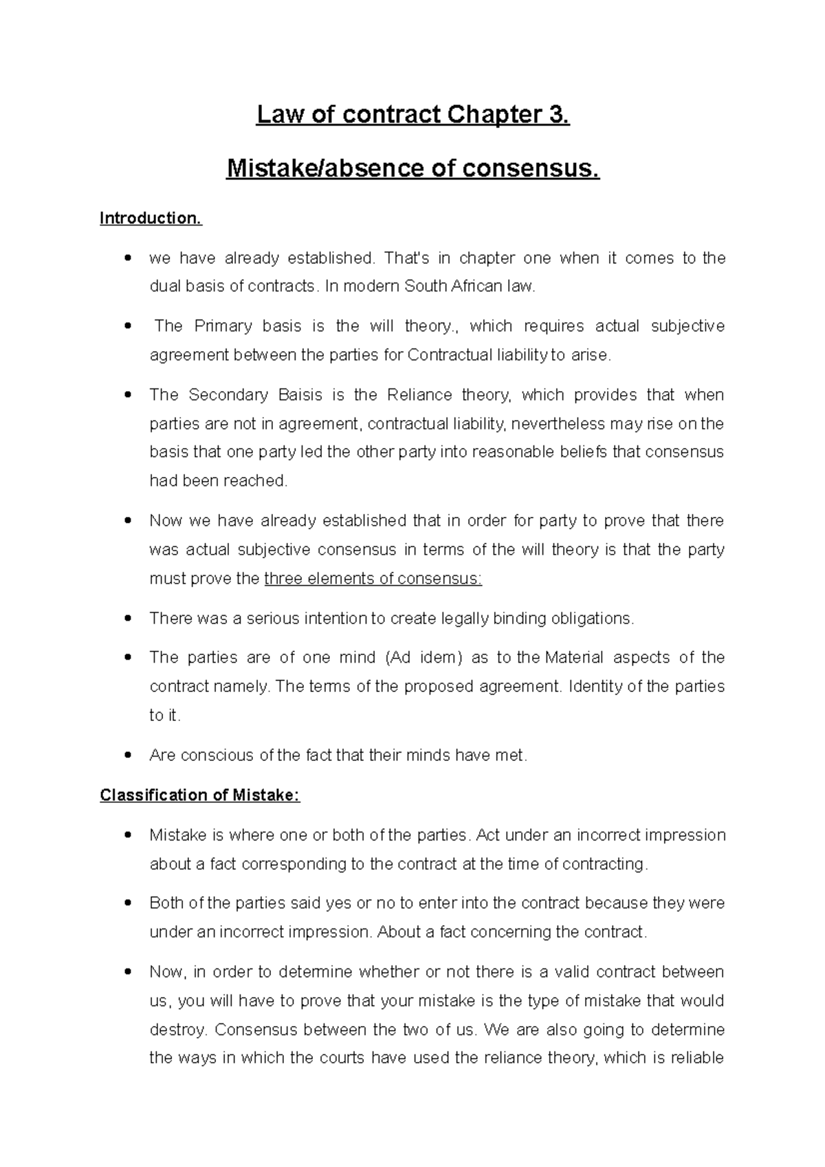 Law of Contract CH 3: Notes on Mistakes and Consensus - Studocu