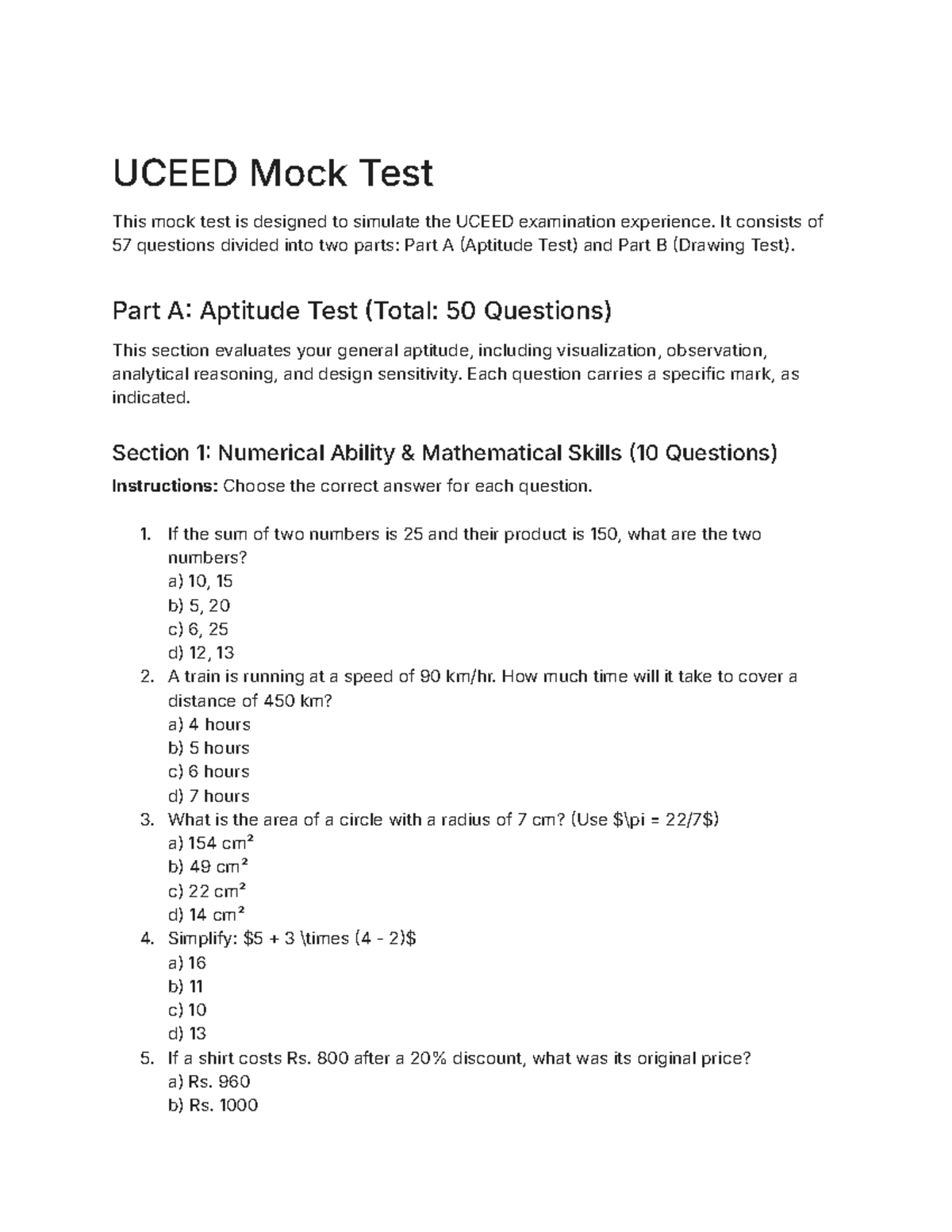 UCEED Mock Test: Aptitude & Drawing Practice Questions - Studocu