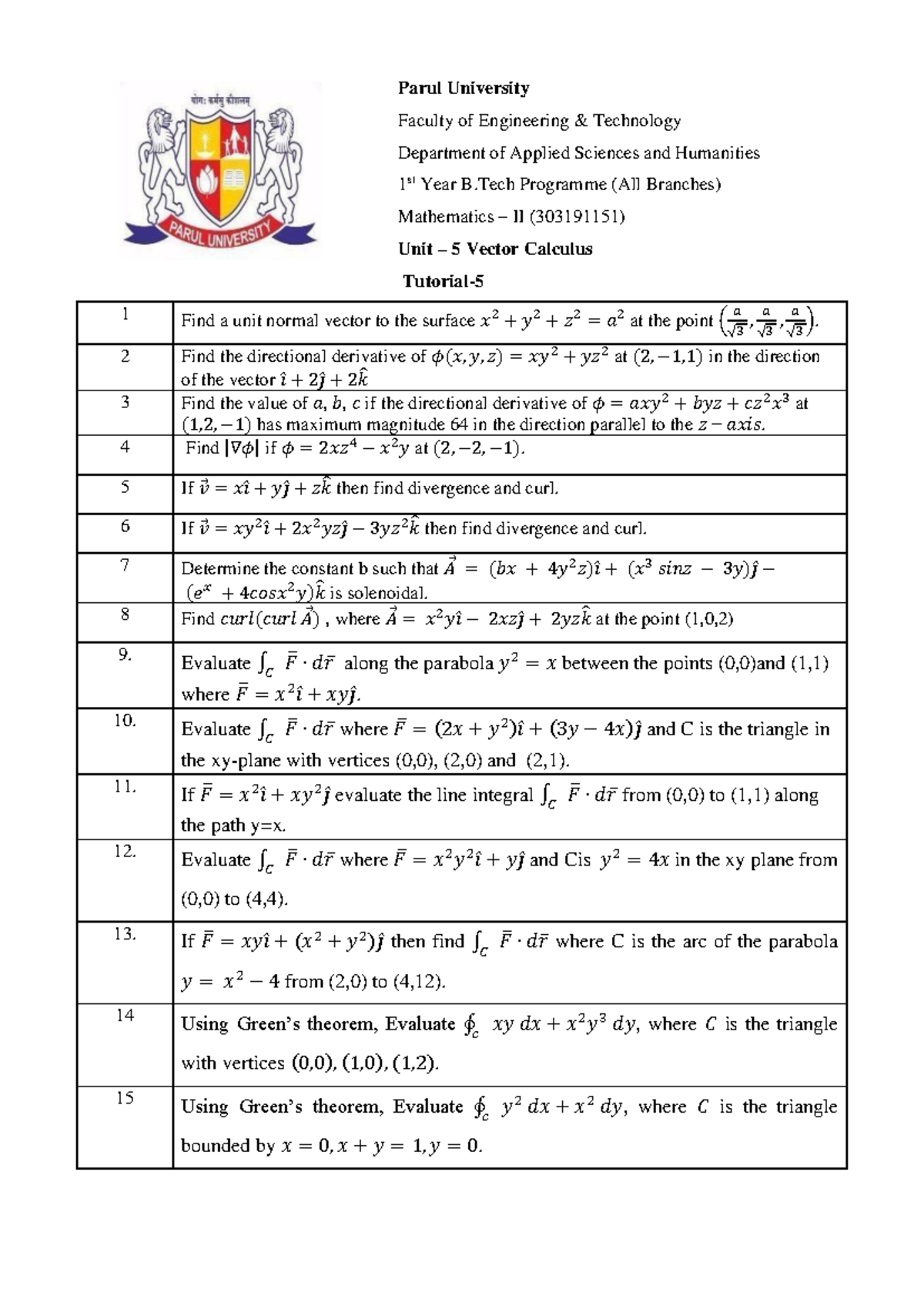 Mathematics II (303191151) Tutorial-5: Vector Calculus Concepts - Studocu