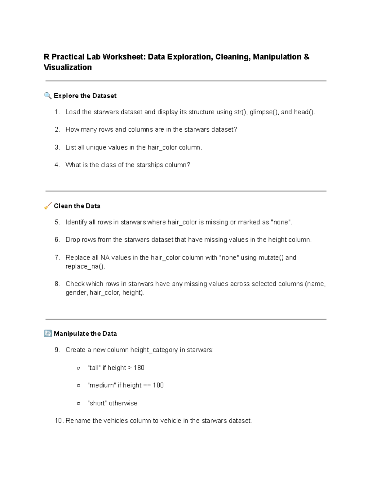 R Practical Lab Worksheet: Data Exploration & Visualization - Studocu