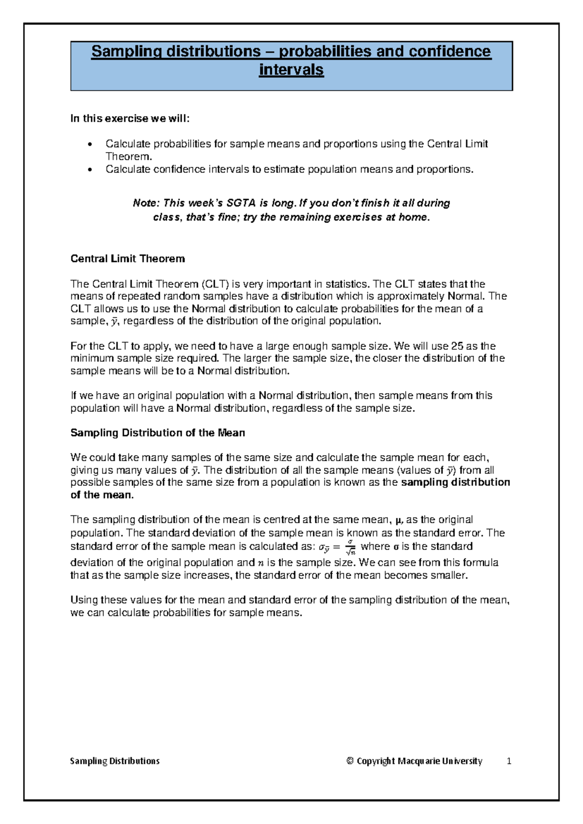 Sampling Distributions, Probabilities & Confidence Intervals (SGTA ...