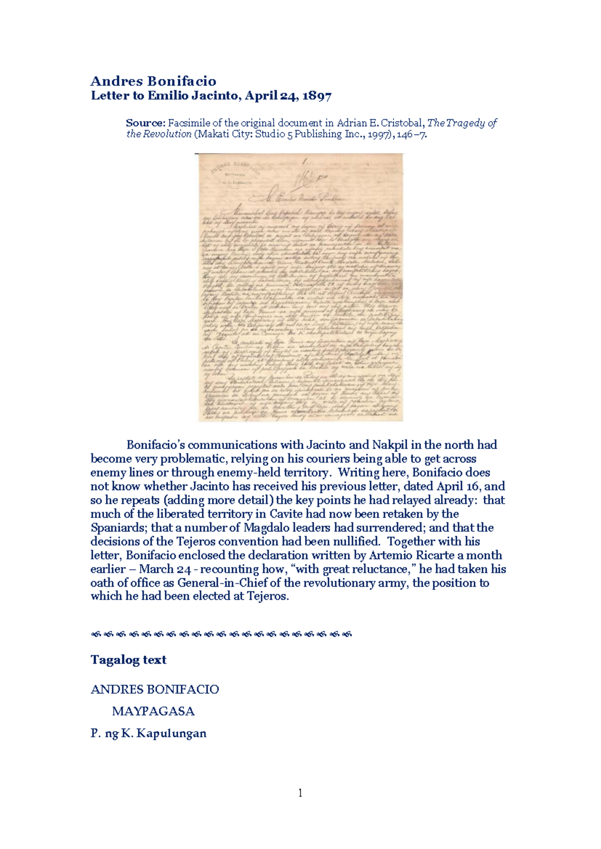 Andres Bonifacio's Letter to Emilio Jacinto (April 24, 1897) - Studocu