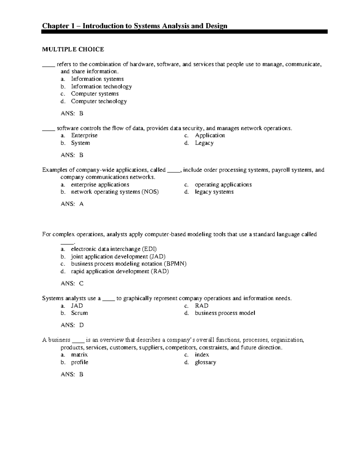 Chapter 1 Introduction to Systems Analysis and Design MULTIPLE CHOICE ...