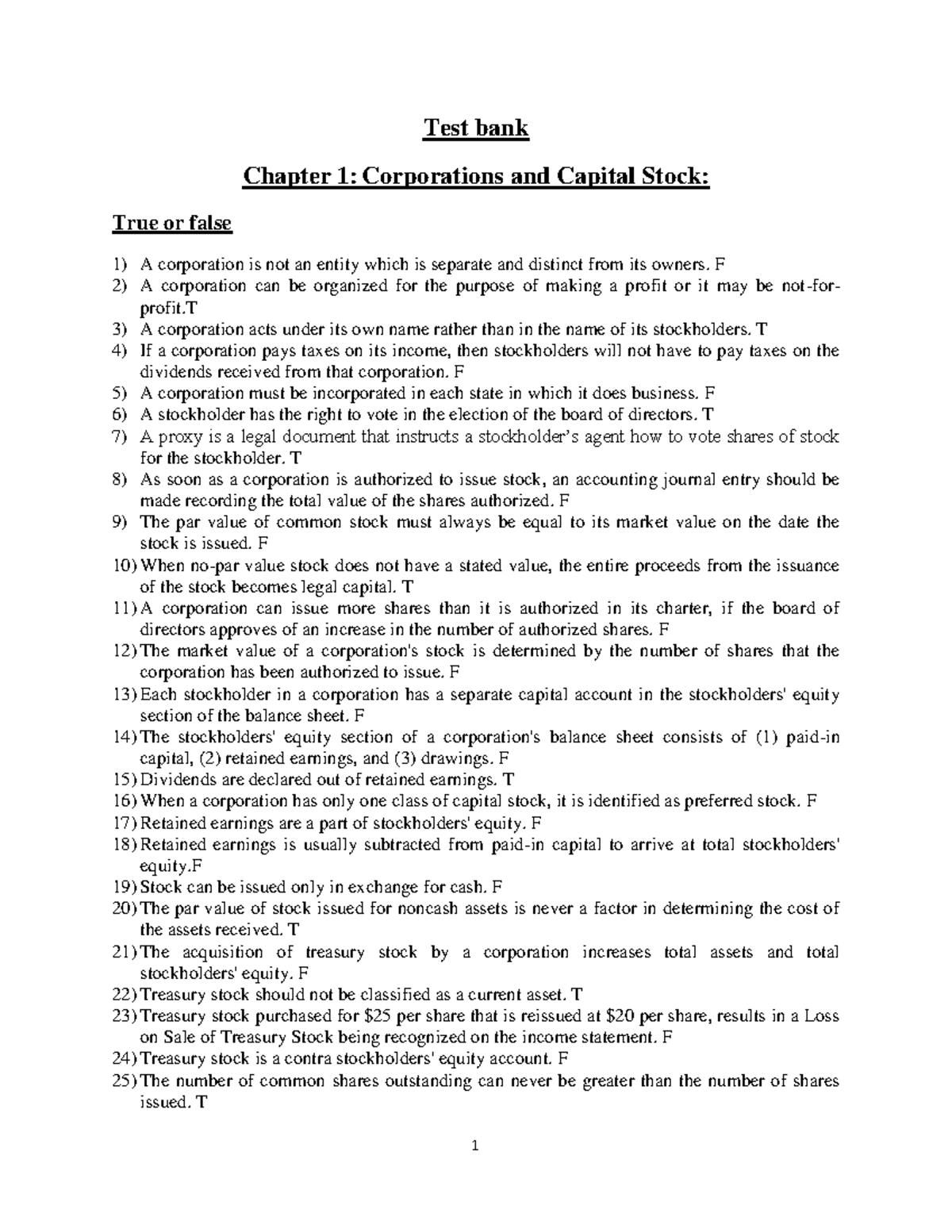 Intermediate Acct. 2 Test Bank: Corporations, Capital Stock & Cash Flow ...