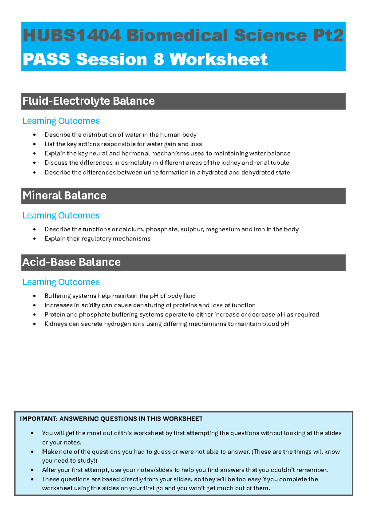 HUBS1404 Biomedical Science Pt2 PASS Session 8 Worksheet - Water ...