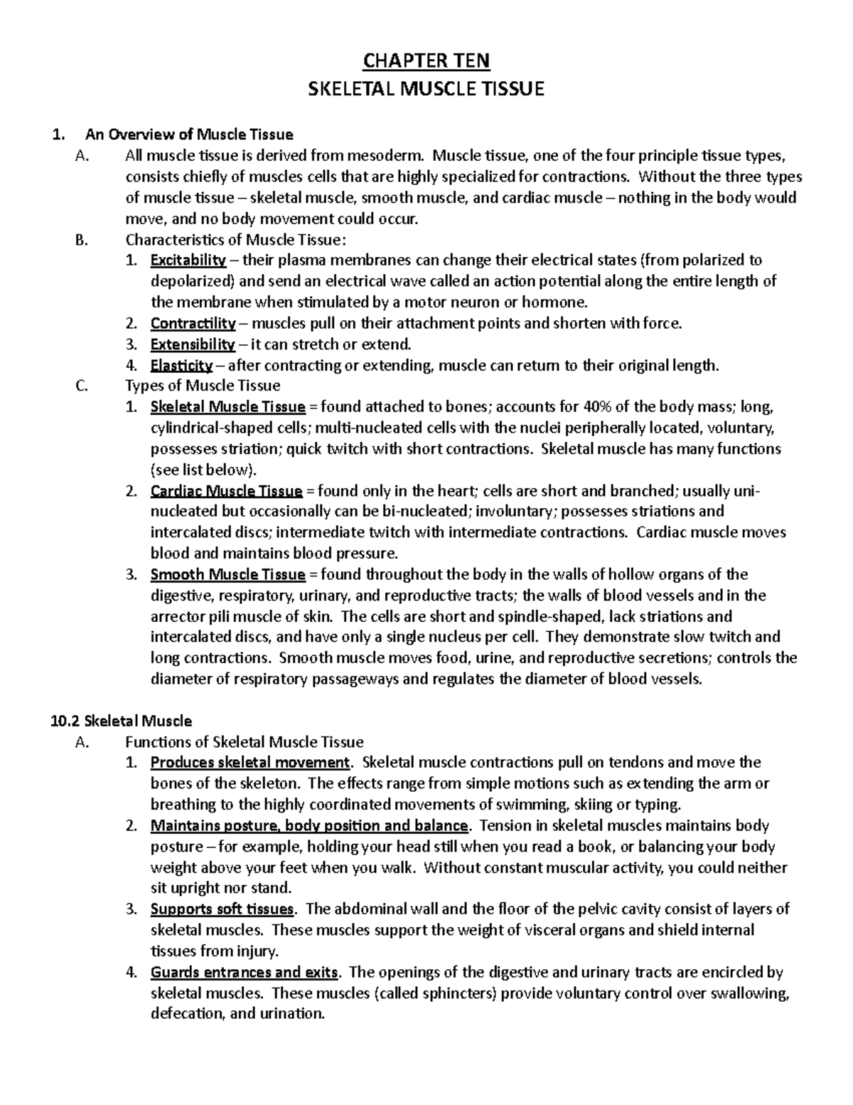 Chapter 10: Detailed Outline of Skeletal Muscle Tissue Functions - Studocu