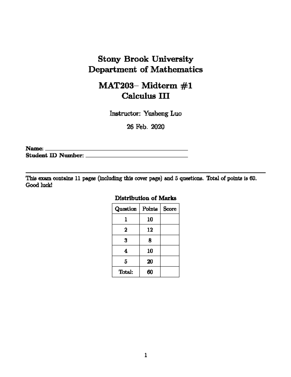 Samplemidterm 1a - Practice Midterm for Calculus III, Midterm I - Stony ...