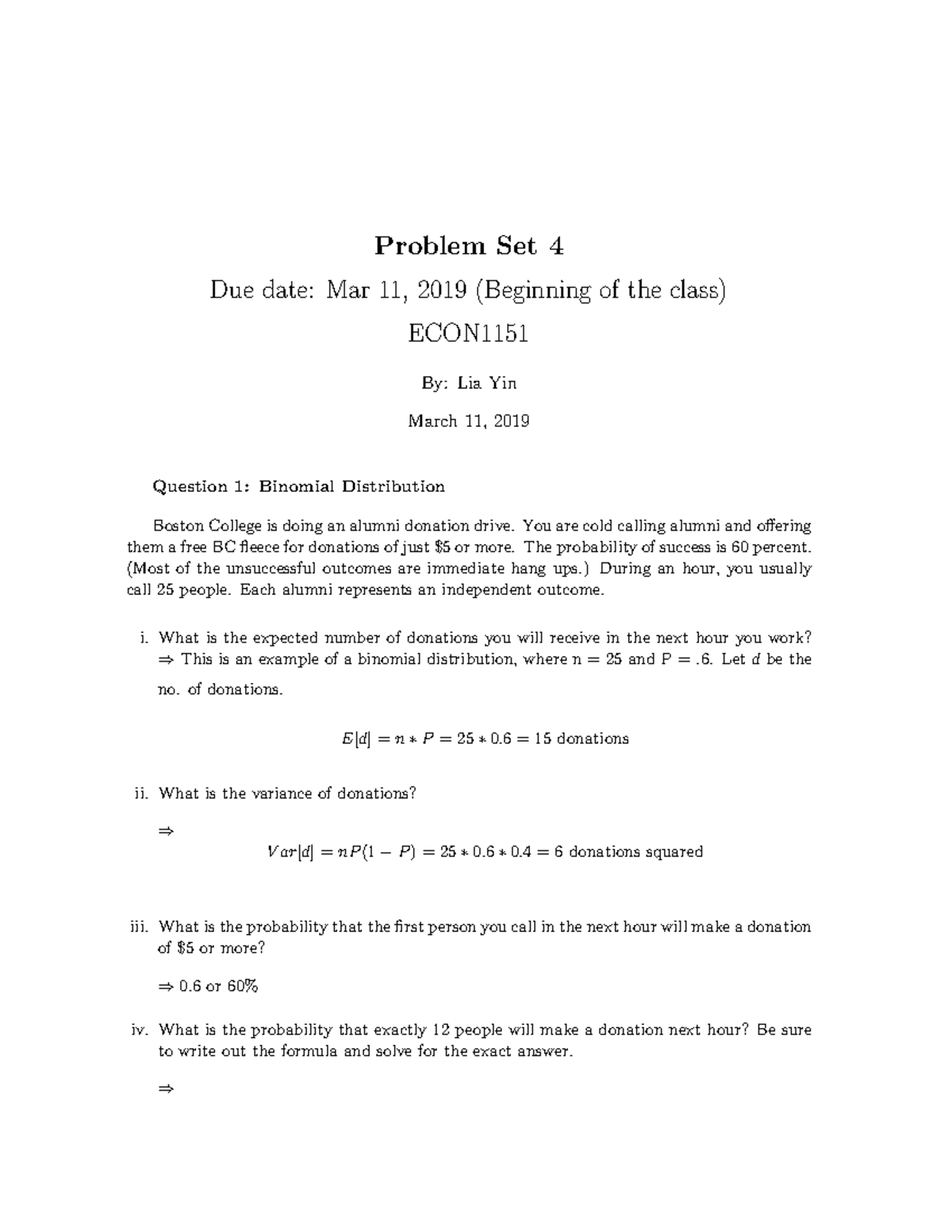 ECON 101: Problem Set 4 Solutions on Distributions and Probability ...