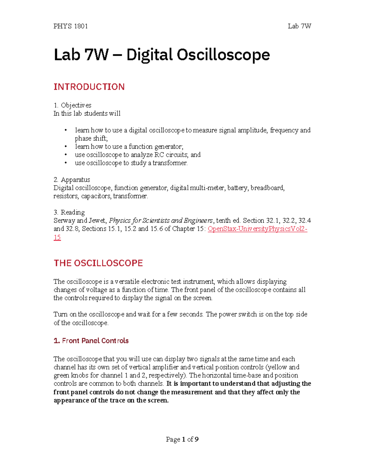 PHYS 1801 Lab 7W: Digital Oscilloscope Measurements and Analysis - Studocu