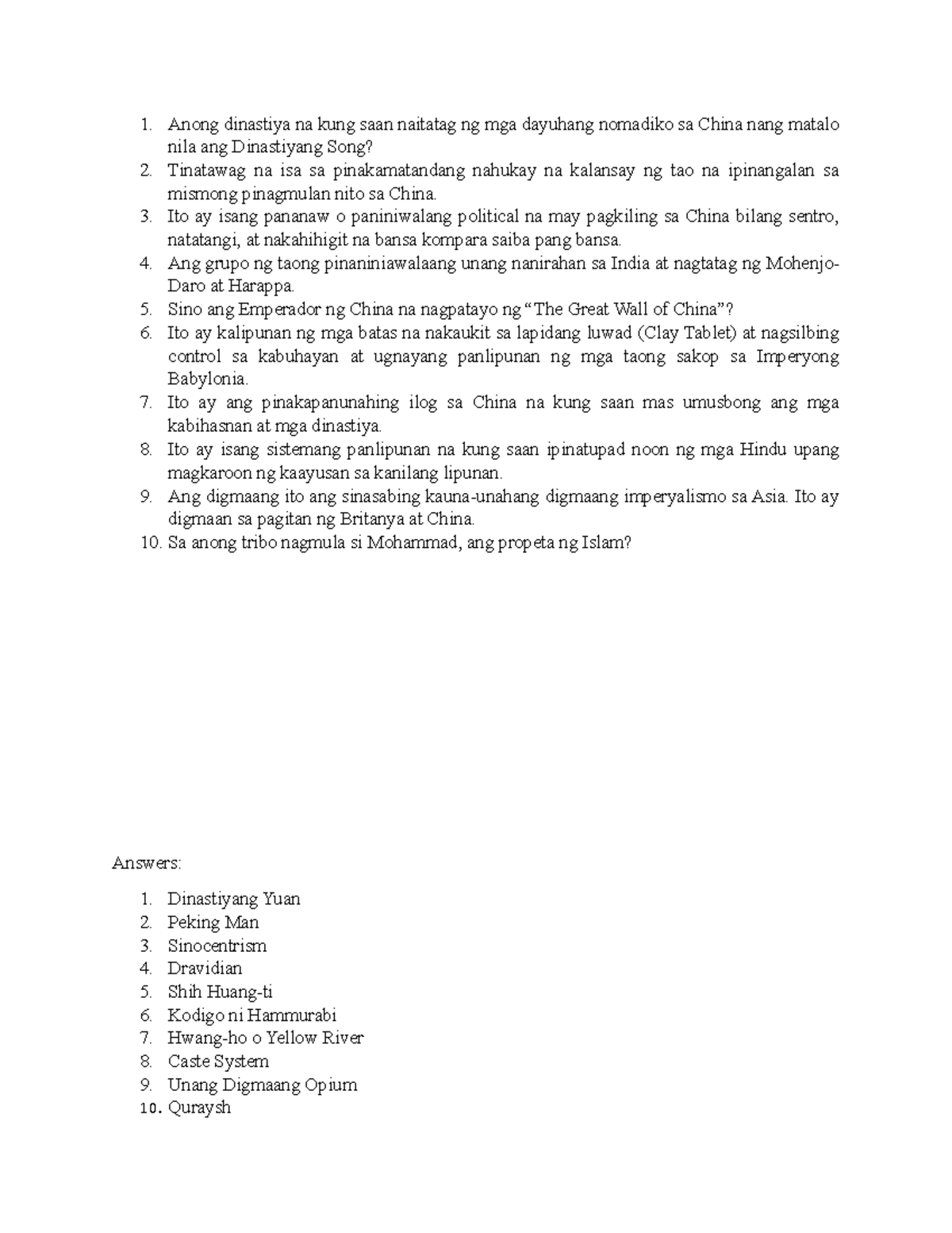 10 Essential Questions in Asian History: Quiz Preparation - Studocu