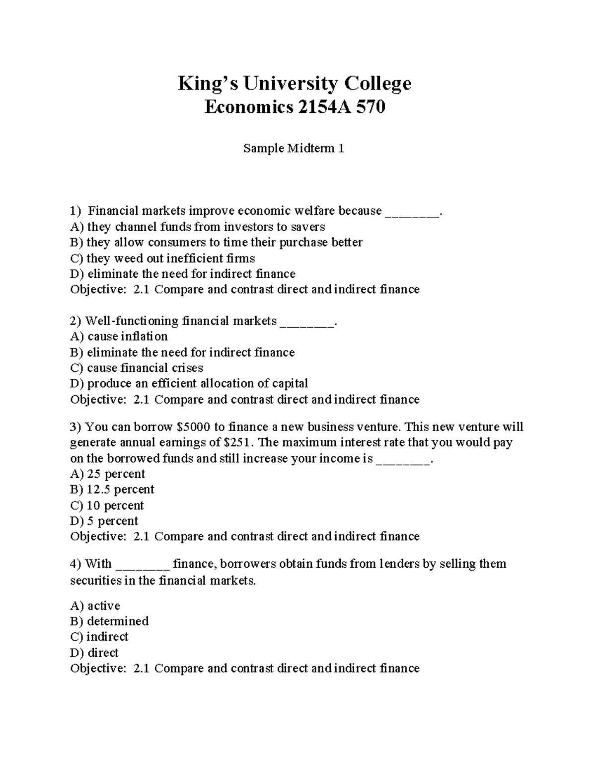 Economics 2154A 570 Sample Midterm Exam Questions and Answers - Studocu