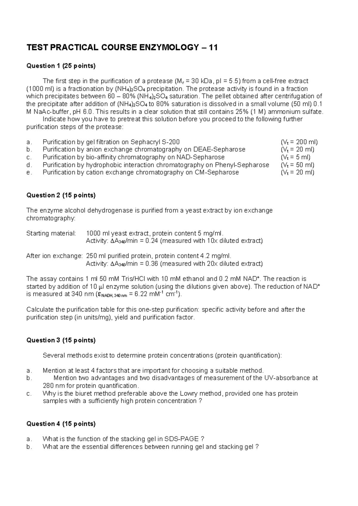 BIC 20806 Enzymology Practical Test 11 with Solutions and Explanations ...
