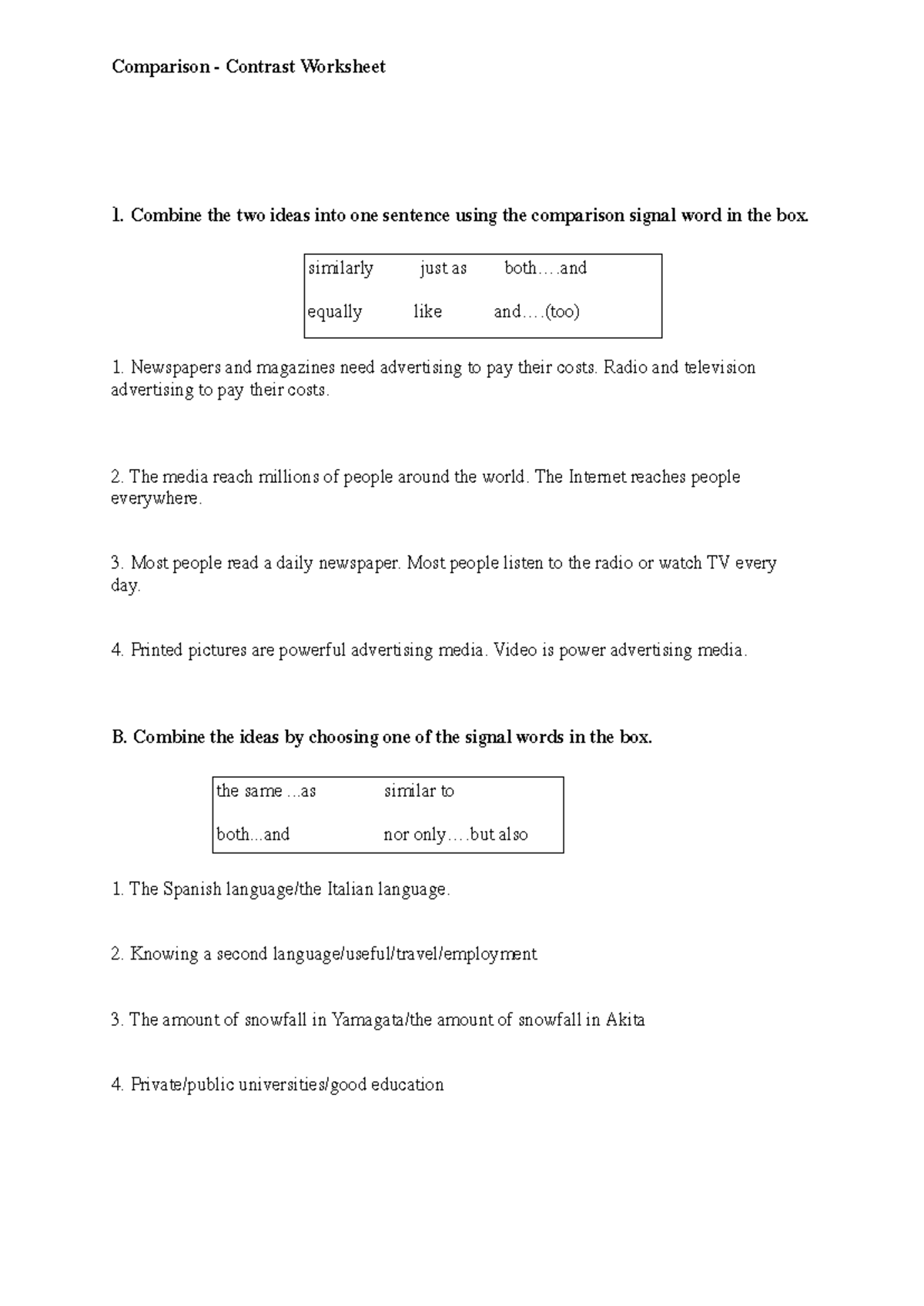 Comparison-Contrast Worksheet: Signal Words & Examples - Studocu
