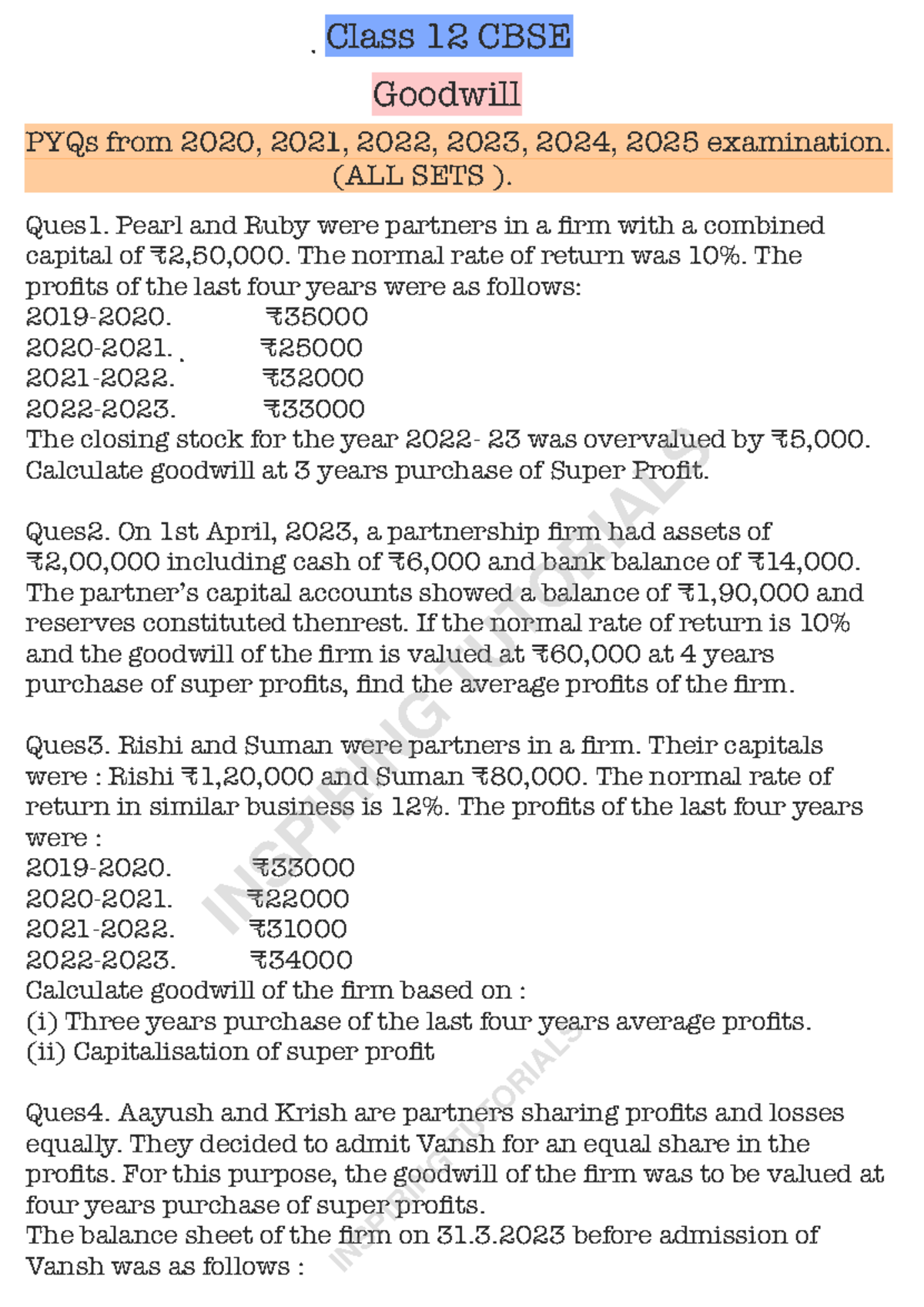 Class 12 CBSE Goodwill PYQs (2020-2025) - All Sets - Studocu
