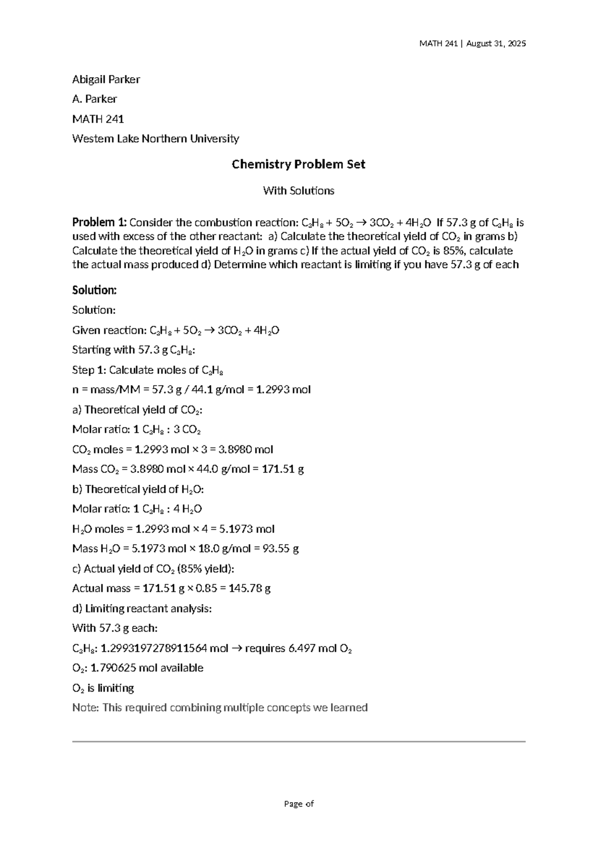 MATH 241 Chemistry Problem Set Solutions - August 31, 2025 - Studocu