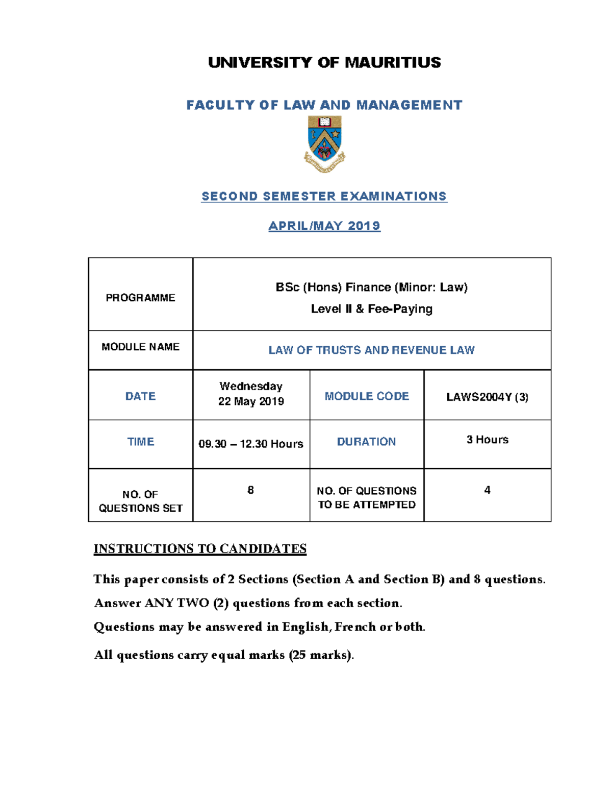 LAWS2004Y-3 2019 2 - Exam Paper: Law of Trusts & Revenue Law - Studocu