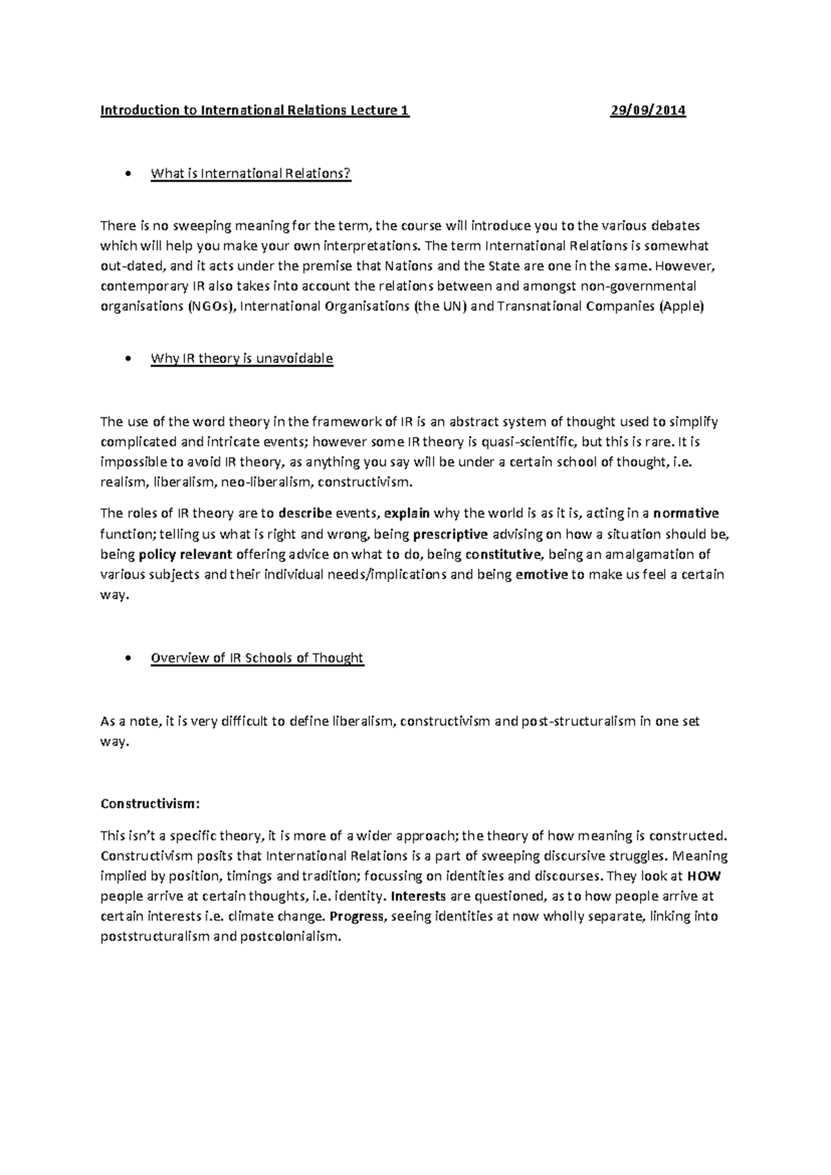 International Relations Lecture Notes: Weeks 1-8 Overview - Studocu