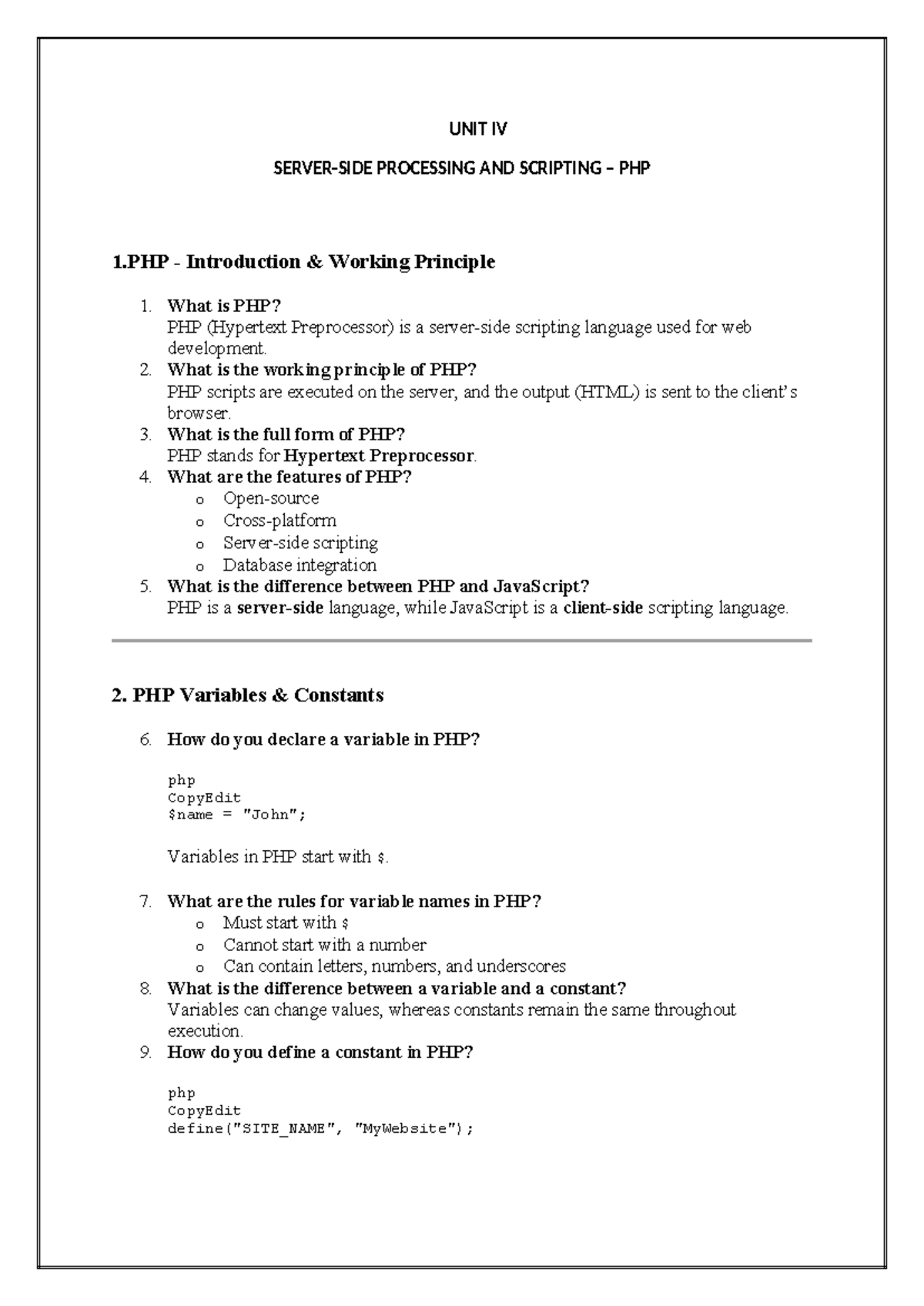 UNIT IV PHP Processing & Scripting - Question Bank - Studocu
