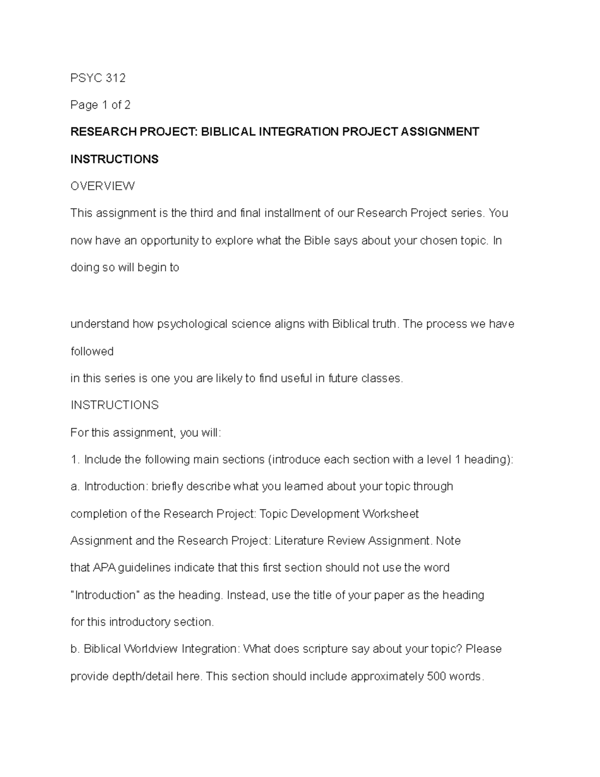 PSYC 312: Biblical Integration Project Final Assignment Guidelines ...