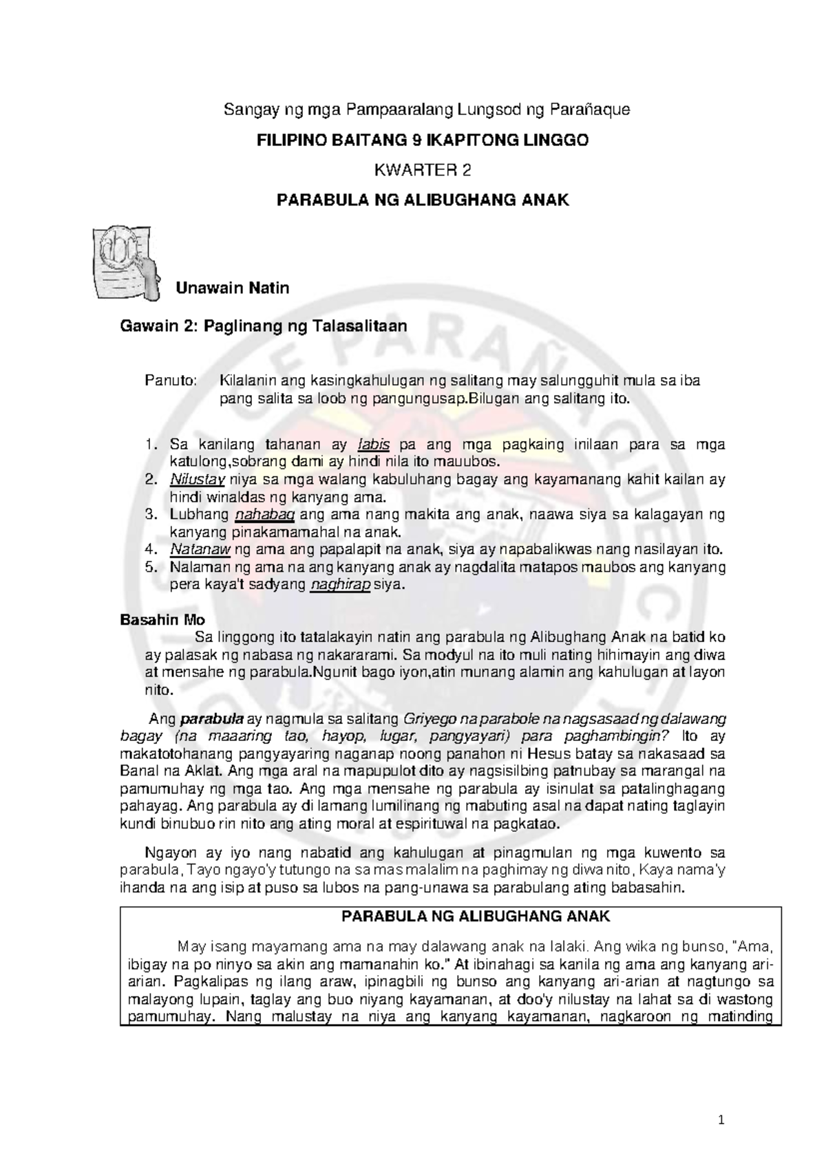 Filipino Grade 9 Module Q2 W7: Aralin sa Parabula ng Alibughang Anak ...