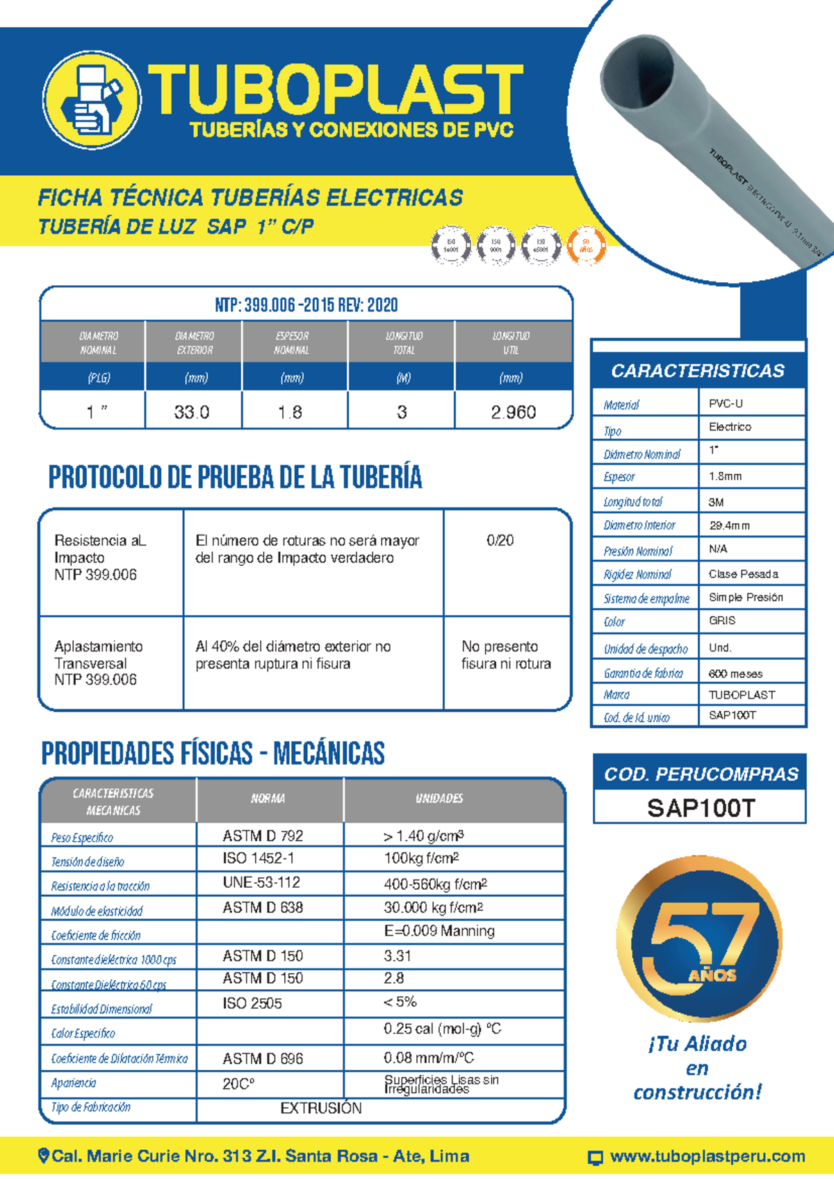 FICHA TÉCNICA TUBERÍAS ELÉCTRICAS - ELEC 1 PULG CP - 2020 - Document Preview