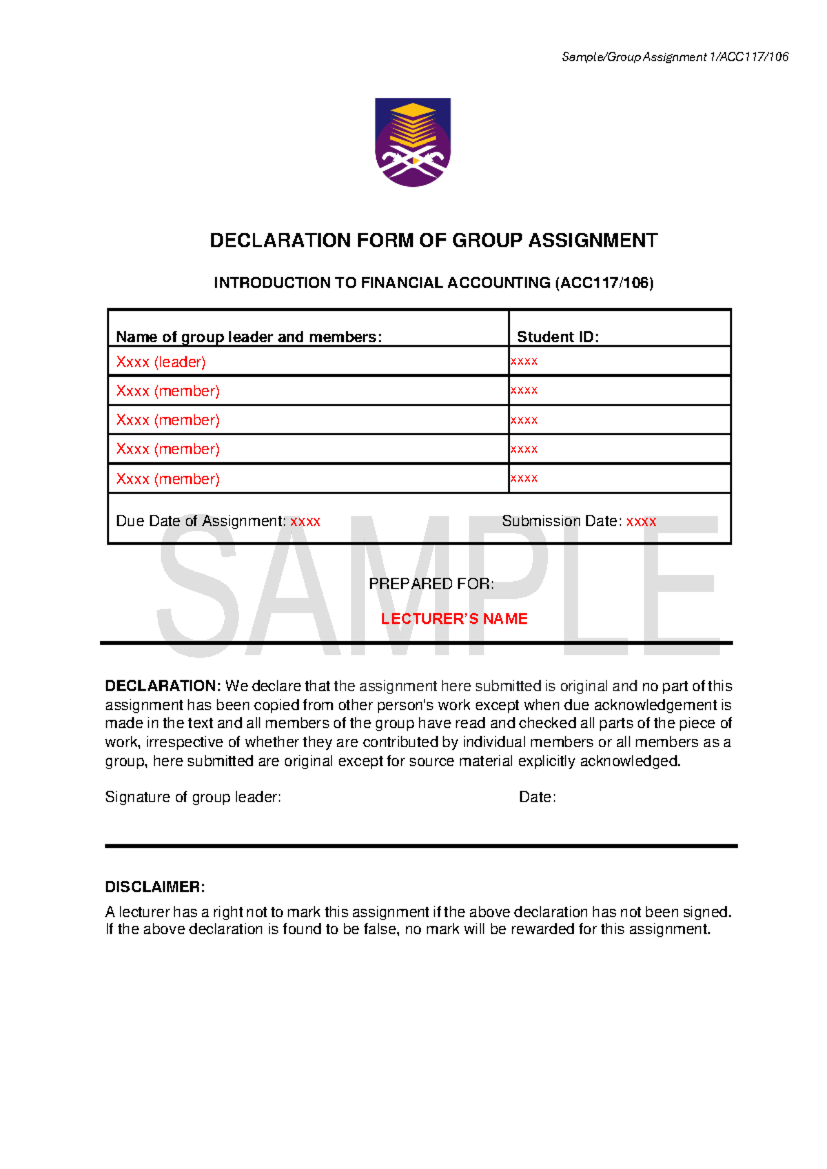 Contoh sample kk acc - study - DECLARATION FORM OF GROUP ASSIGNMENT ...