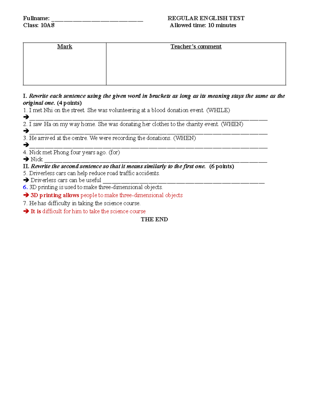 10A8 Regular English Test: Sentence Rewriting Exercise - Studocu