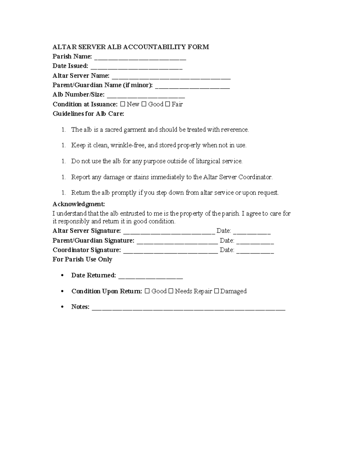 Altar Server ALB Accountability Form: Care & Return Guidelines - Studocu