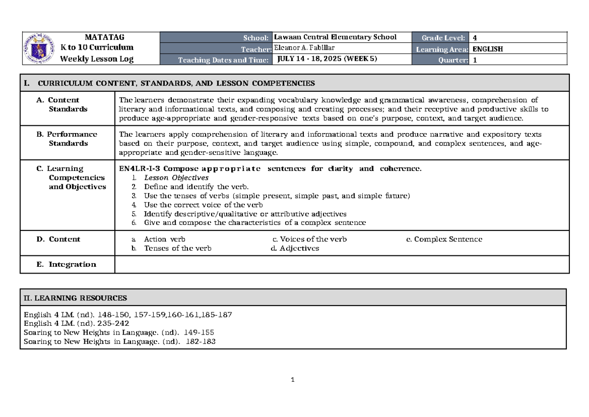 DLL Matatag English 4 Q1 Week 5 Lesson Log - Studocu