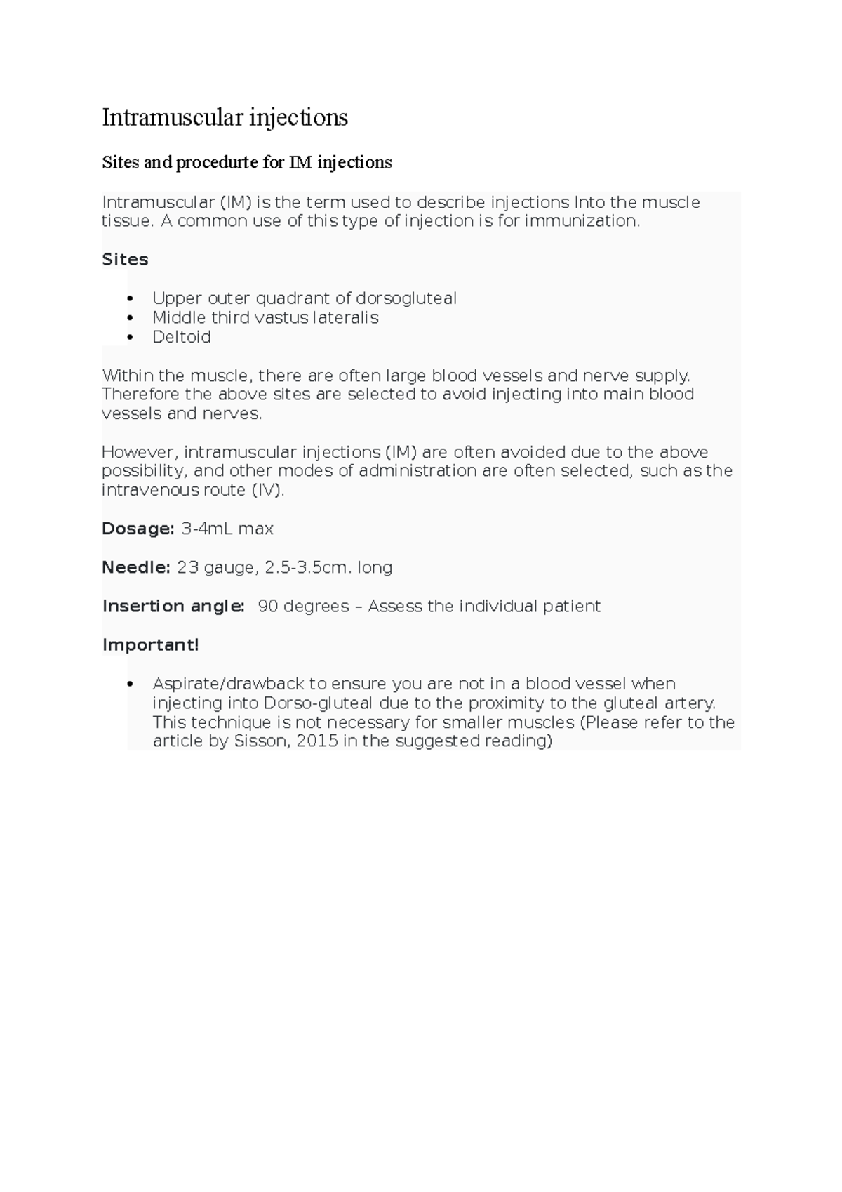 IM Injections: Procedure, Sites, and Key Considerations - Studocu