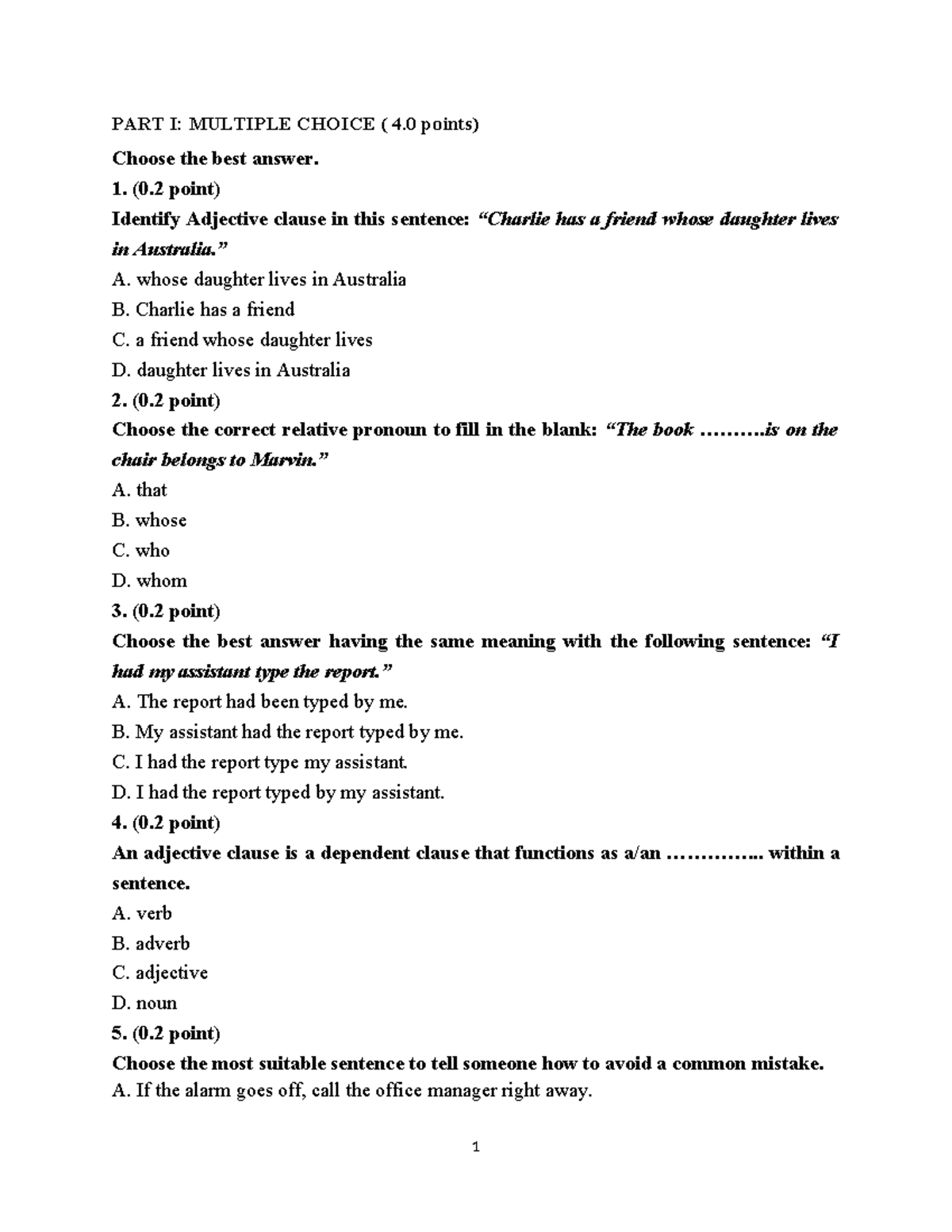 NHÓM 1 - Multiple Choice Questions on Adjective and Noun Clauses - Studocu