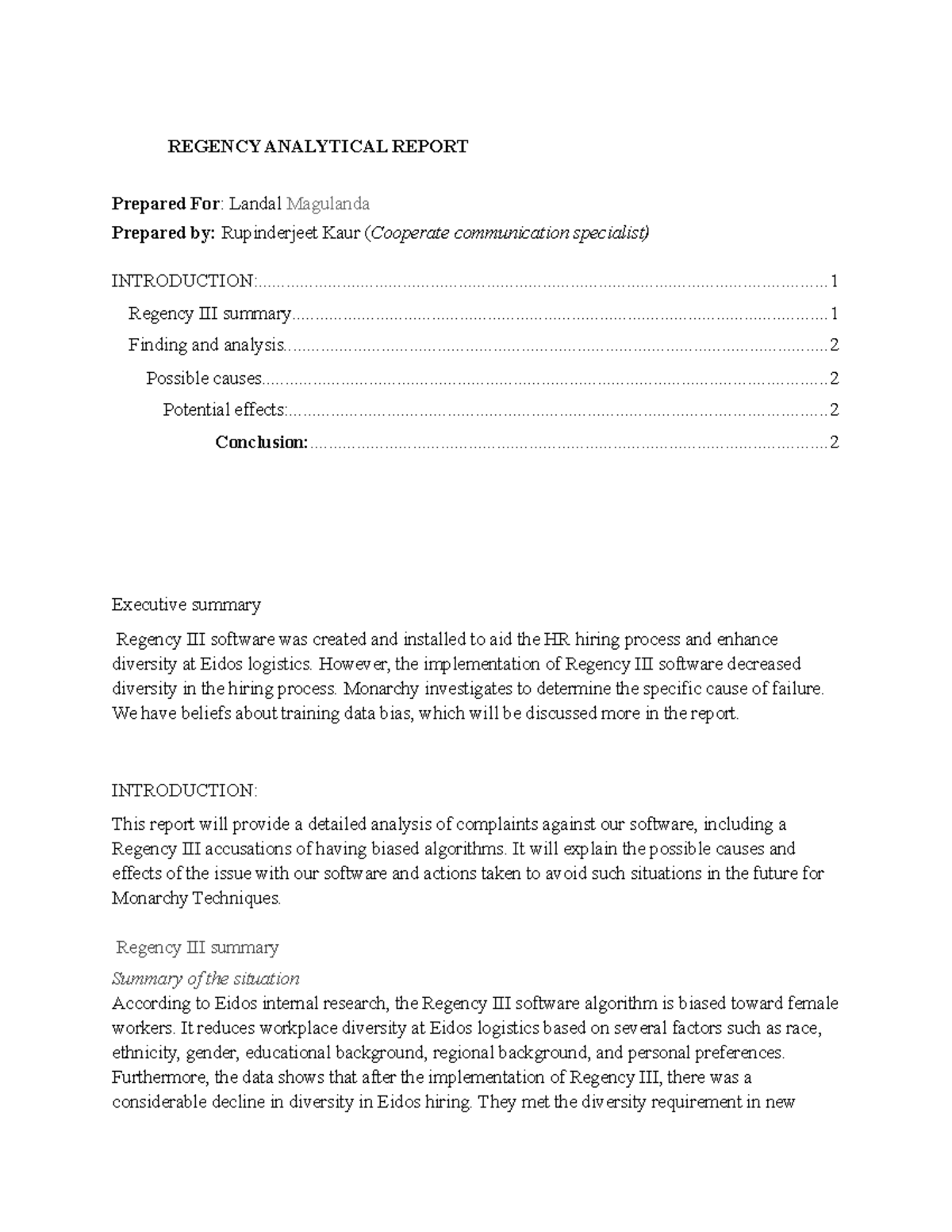 Jawandha admn233 assignment 2 - REGENCY ANALYTICAL REPORT Prepared For ...