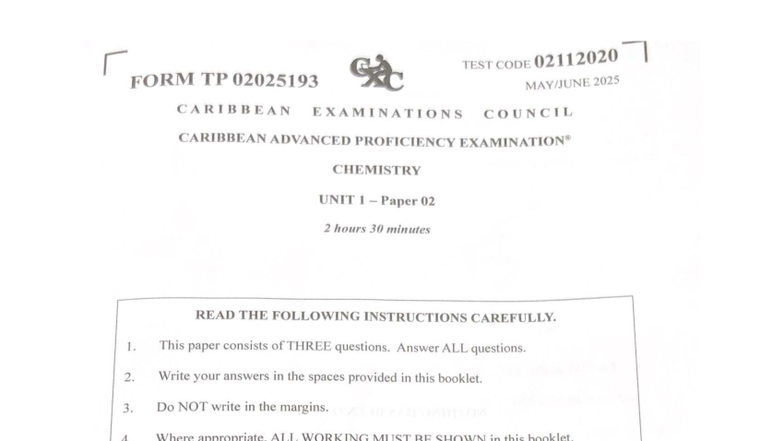 CAPE Chemistry 2025 Unit 1 Paper 02 Exam Instructions and Questions ...
