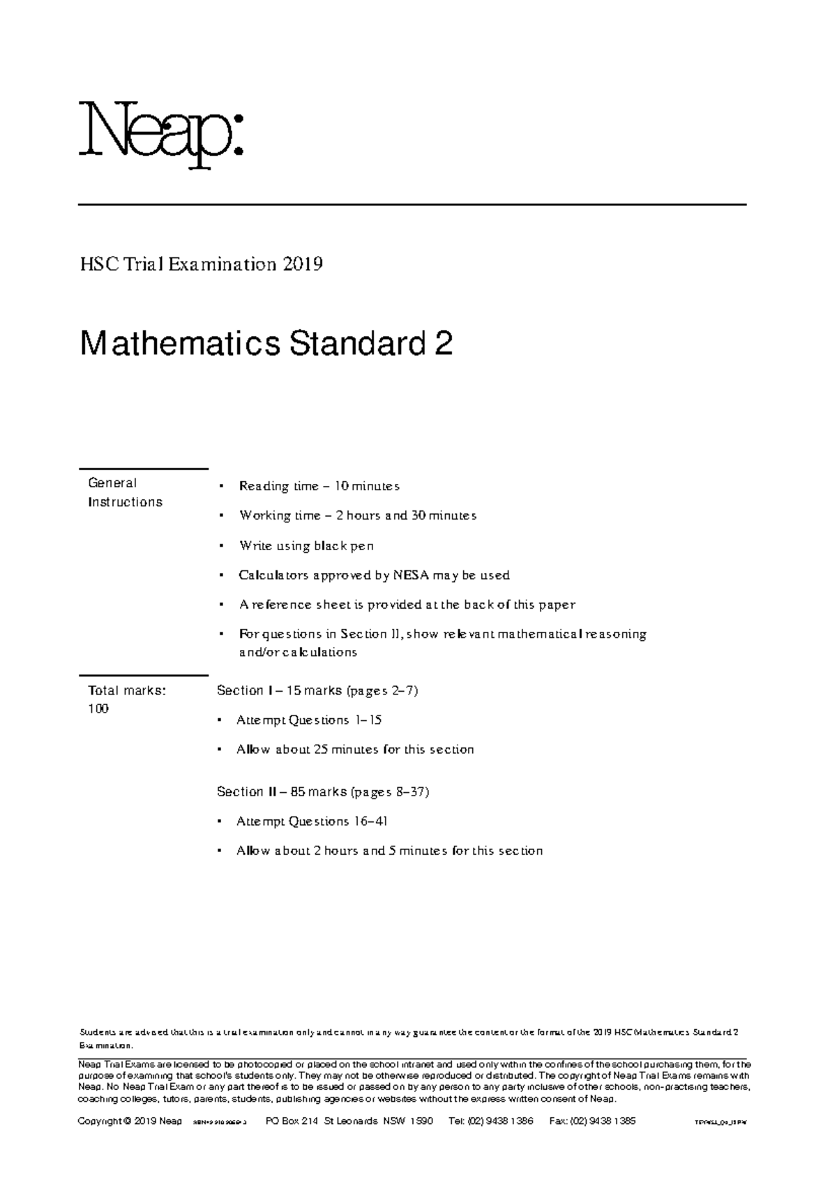HSC Mathematics Standard 2 Trial Exam 2019 - General Instructions - Studocu