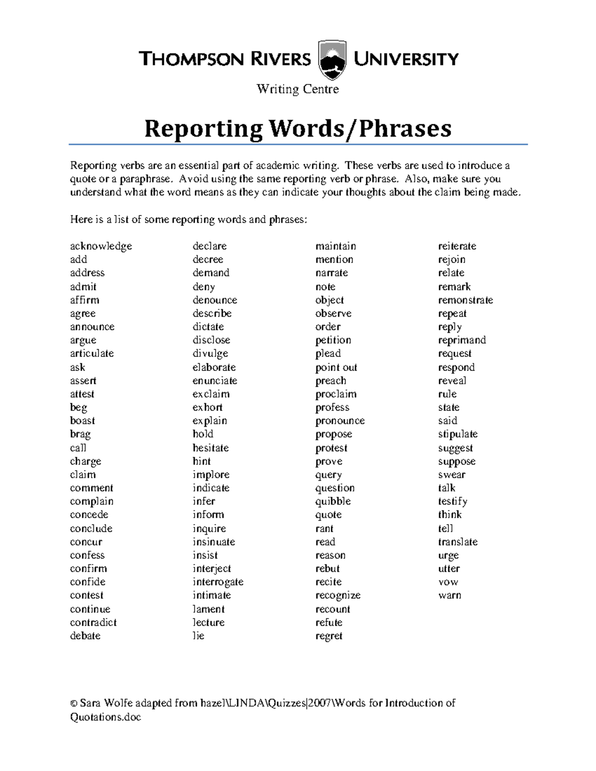 Reporting Verbs for Academic Writing (30249) - Studocu