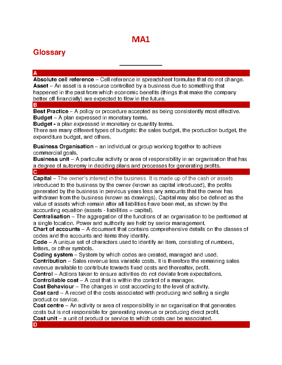 MA1 Glossary of Key Terms - ACCA Study Hub PDF - Studocu