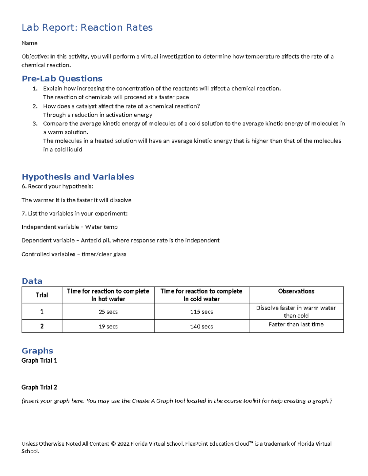 Lab Report: Reaction Rates - Temperature Effects on Reactions - Studocu