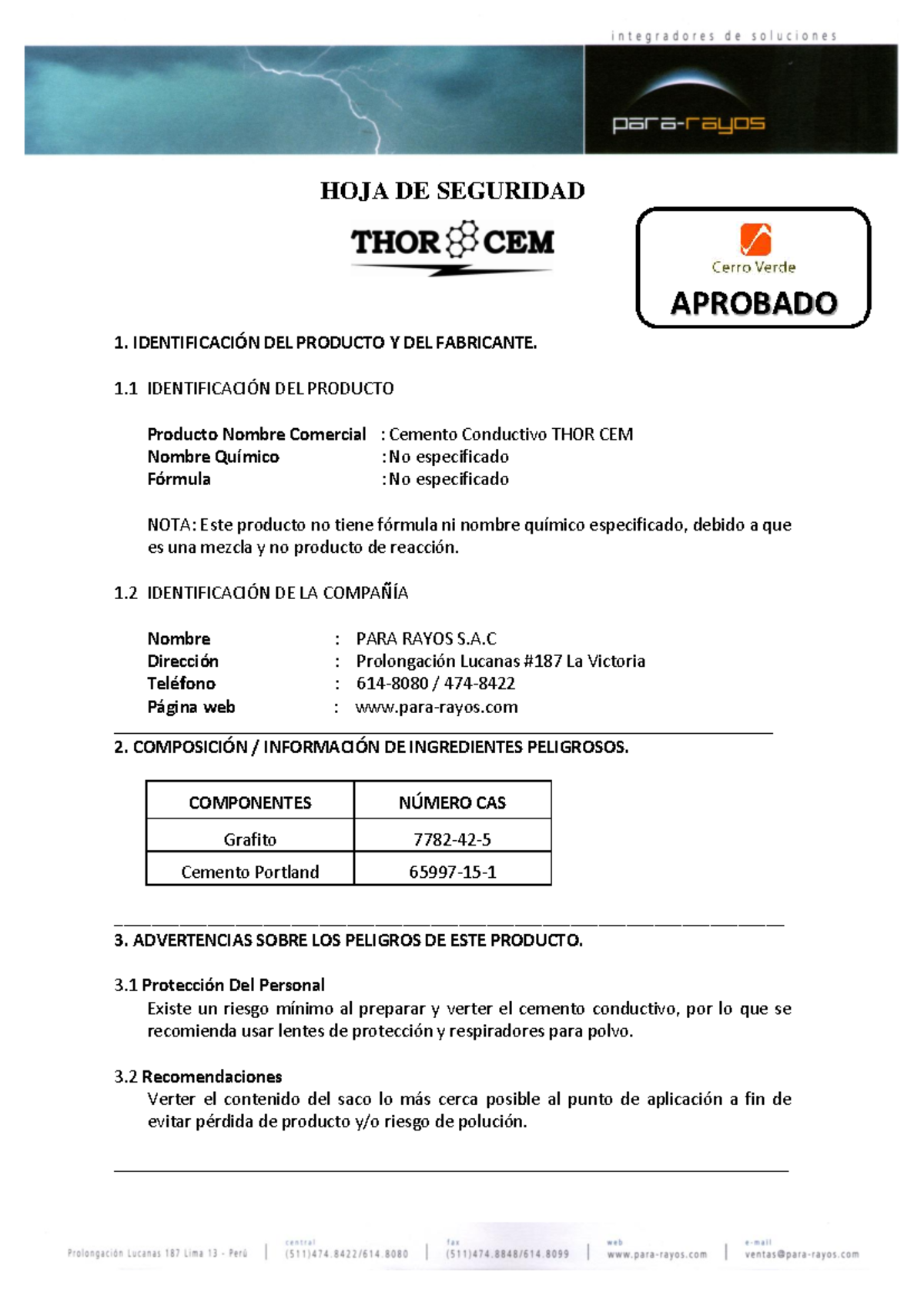 Hoja de Seguridad: Cemento Conductivo THOR CEM 2017 - Studocu