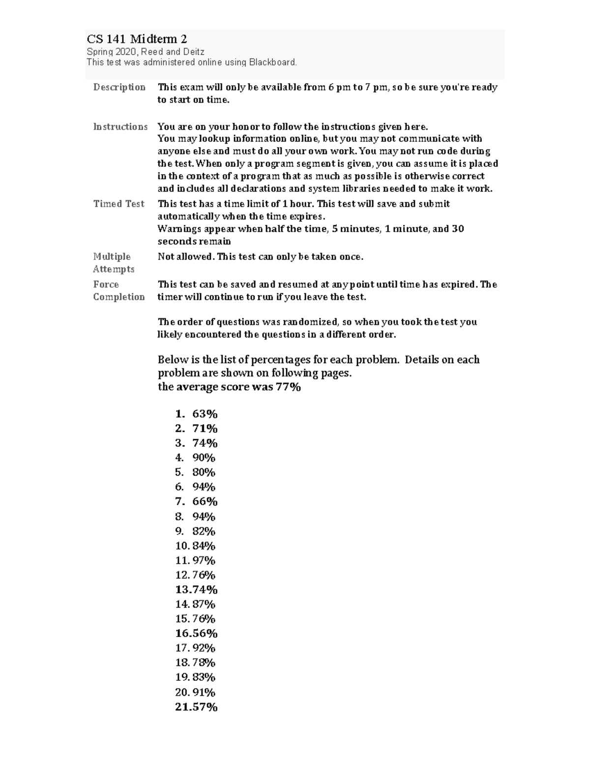 CS 141 Sp20 Midterm 2 Exam Guidelines and Code Challenges - Studocu